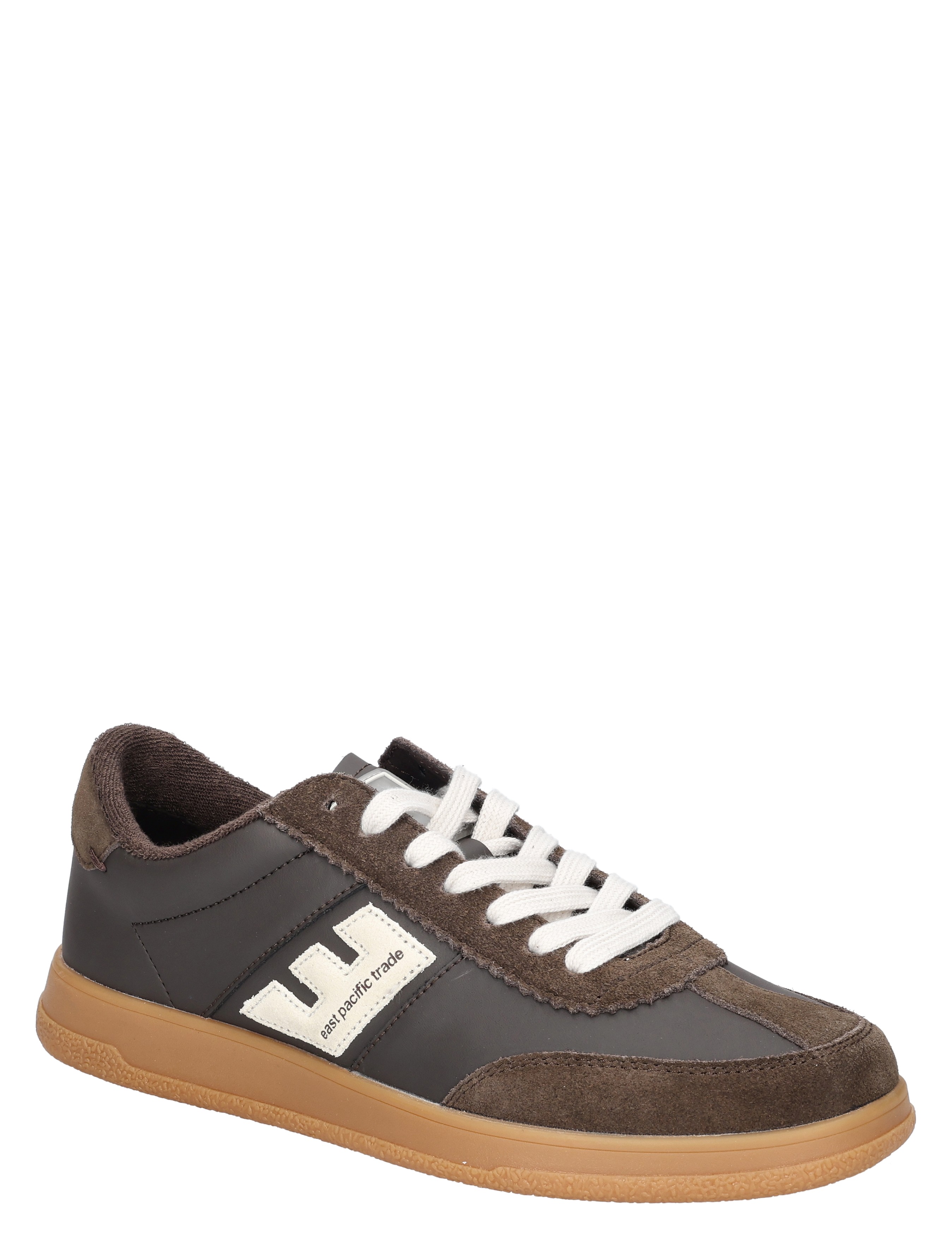 sneaker, bruine kleur, witte veters, suede accenten, gumzool