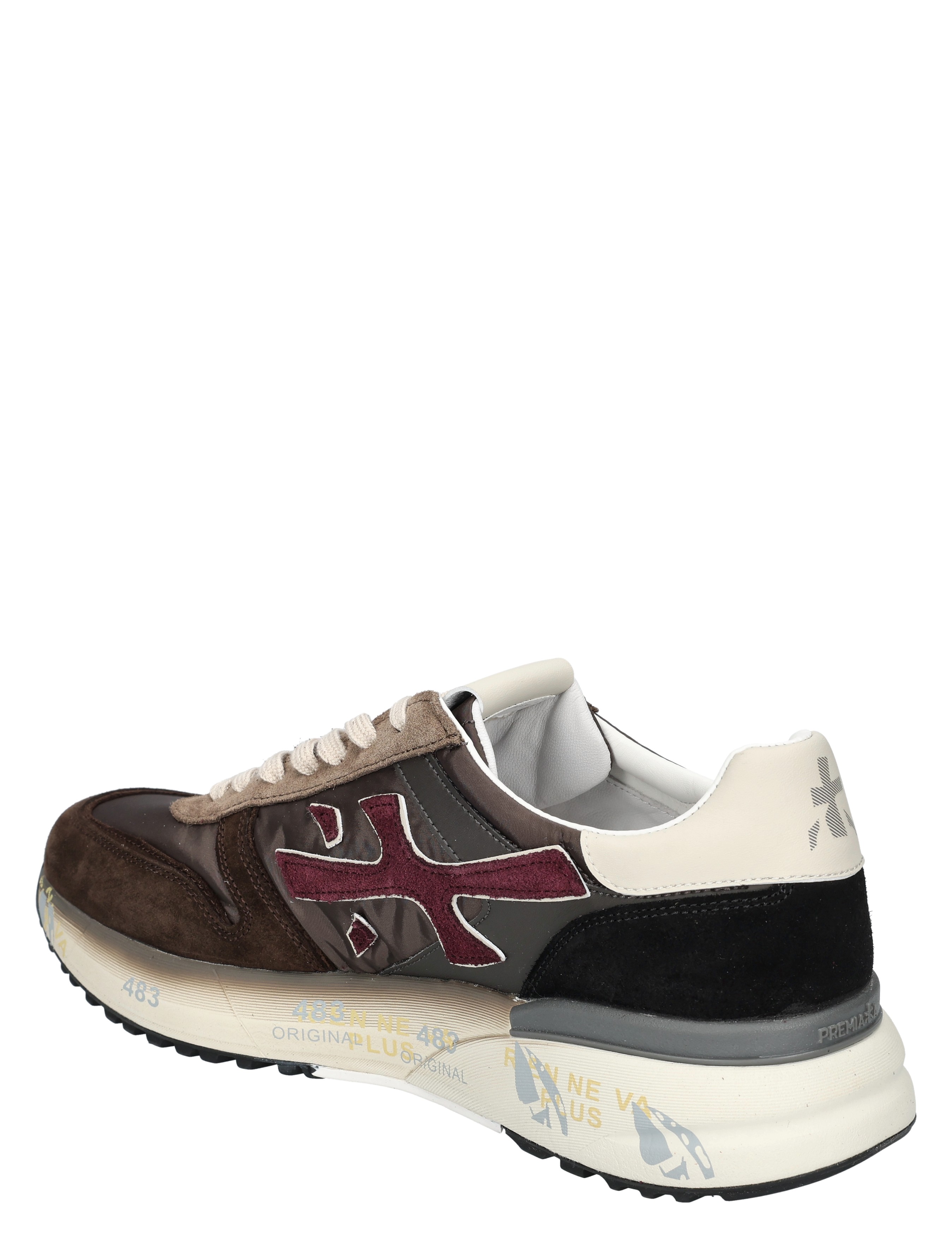 sneaker, mix-material, bruin, witte-hiel, logo-uitstansing