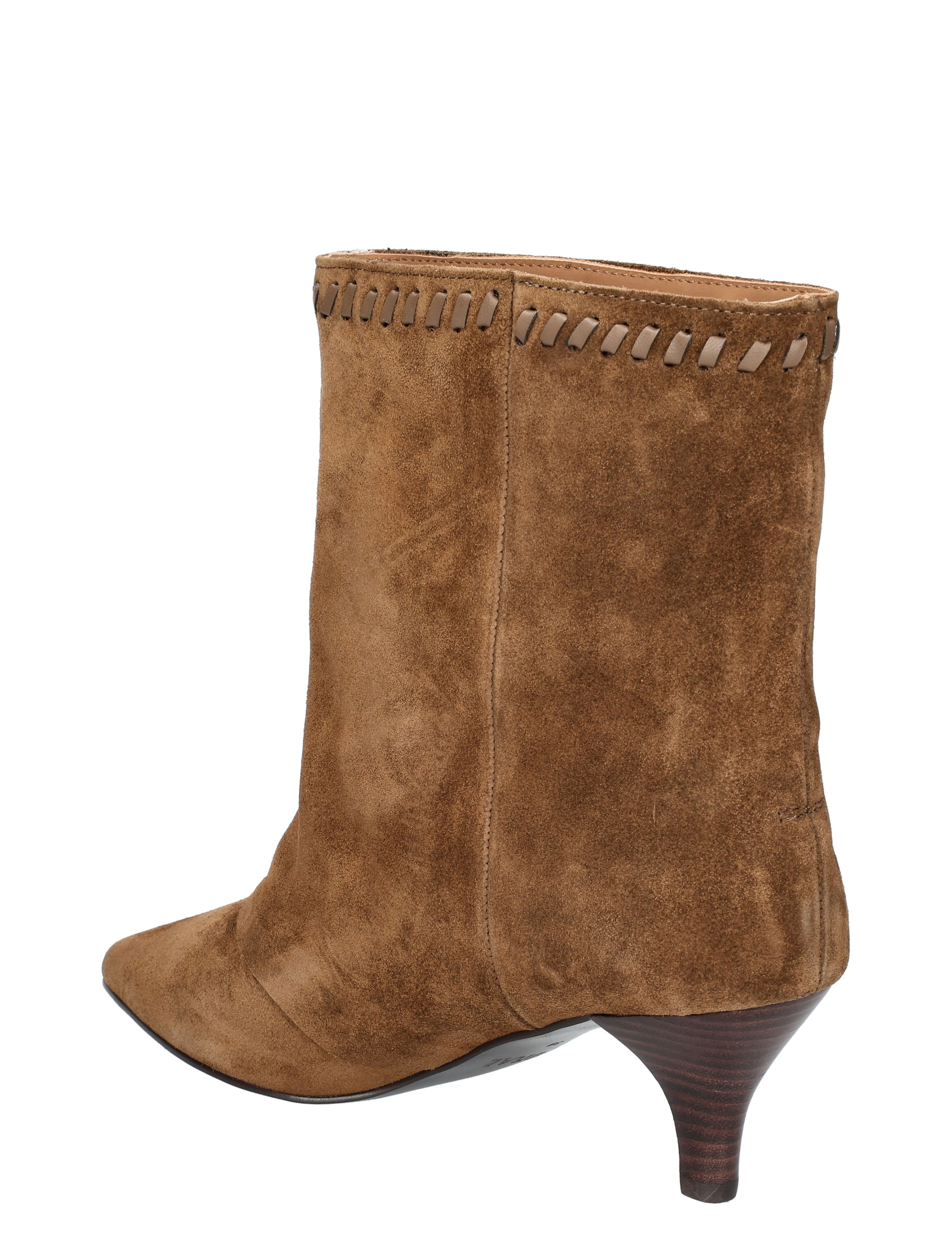 suede, ankle boot, mid heel, brown, stitch details