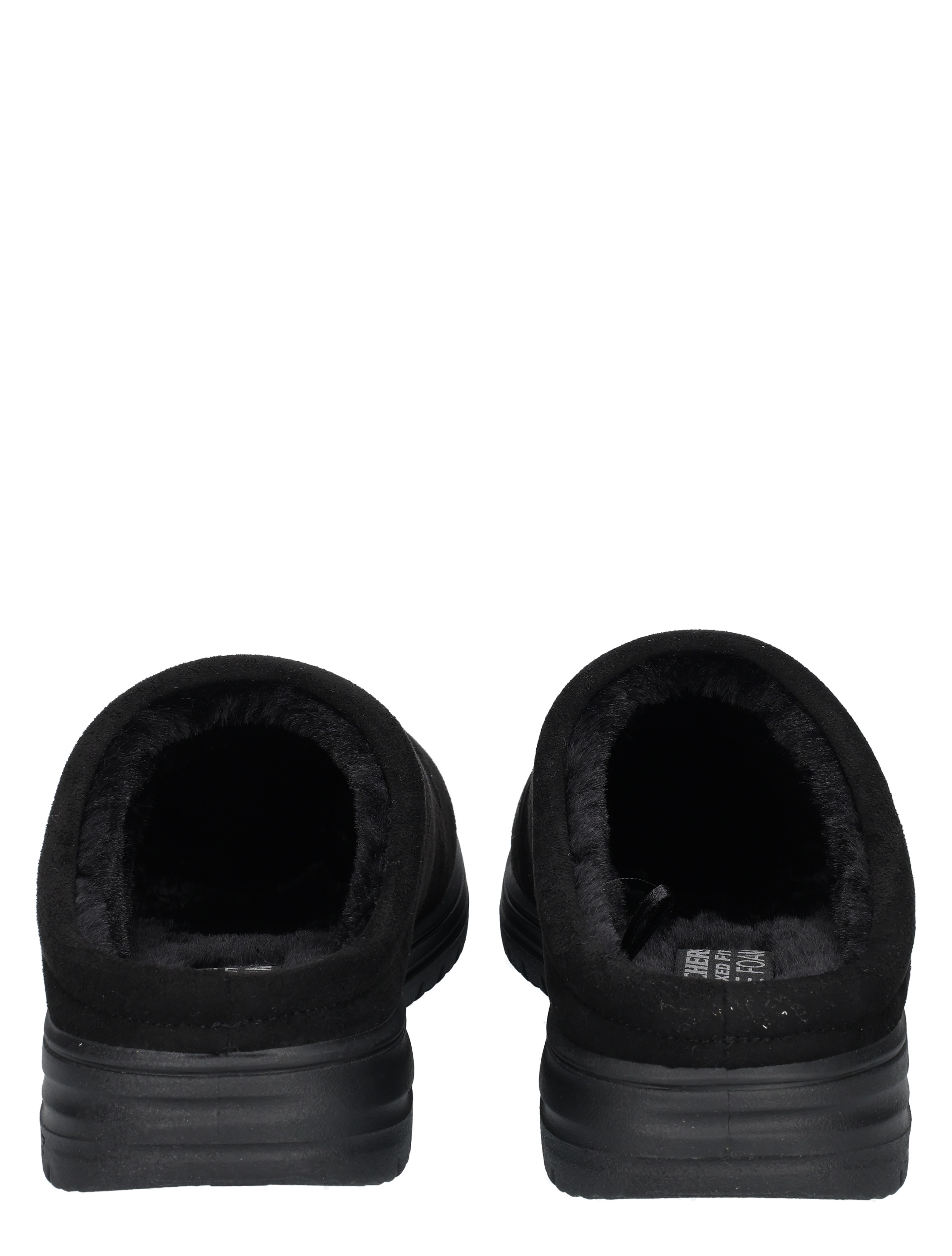 slippers, mules, black, fur-lined, back view