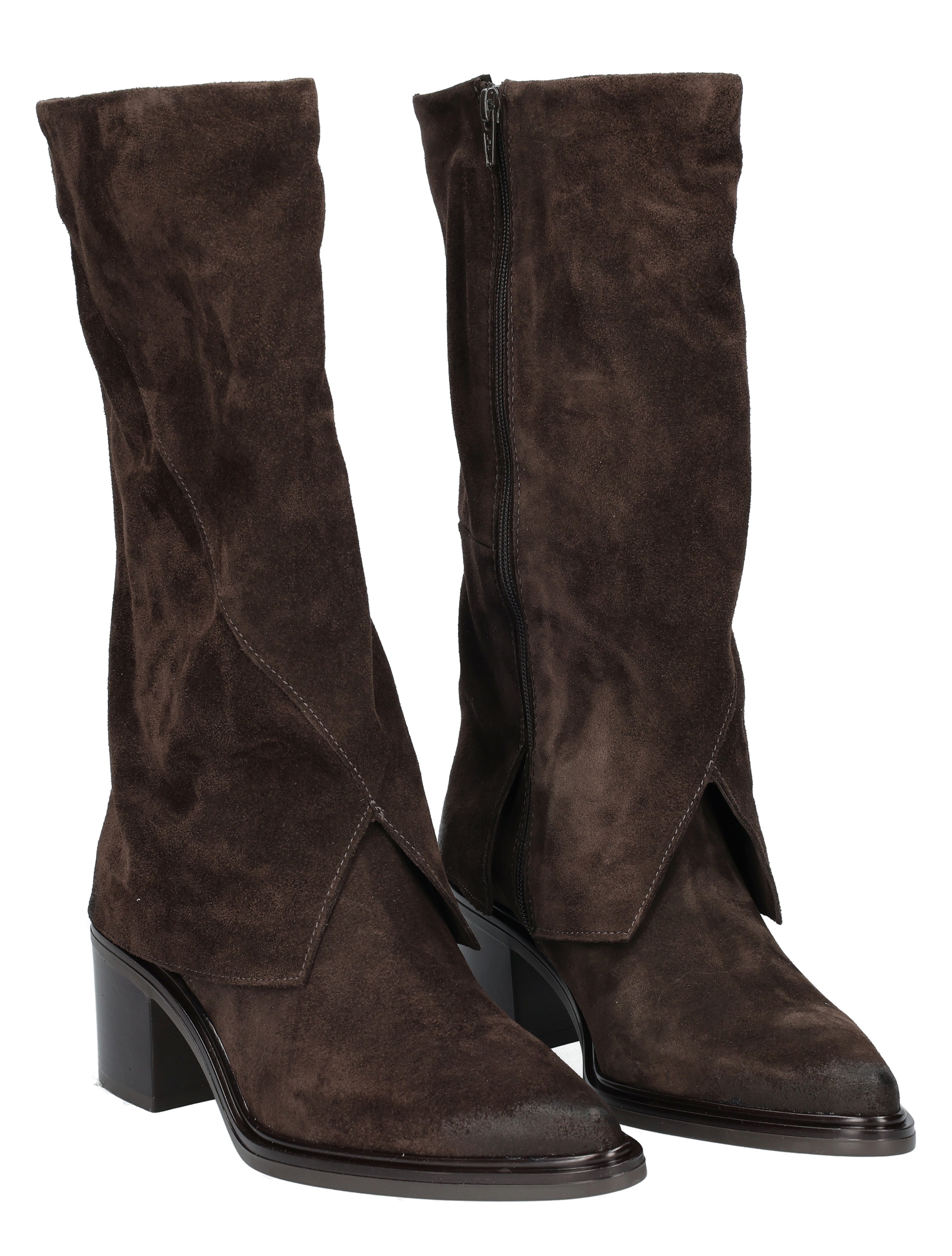 laars, bruine suede, enkellaars, rits, blokhoge hak