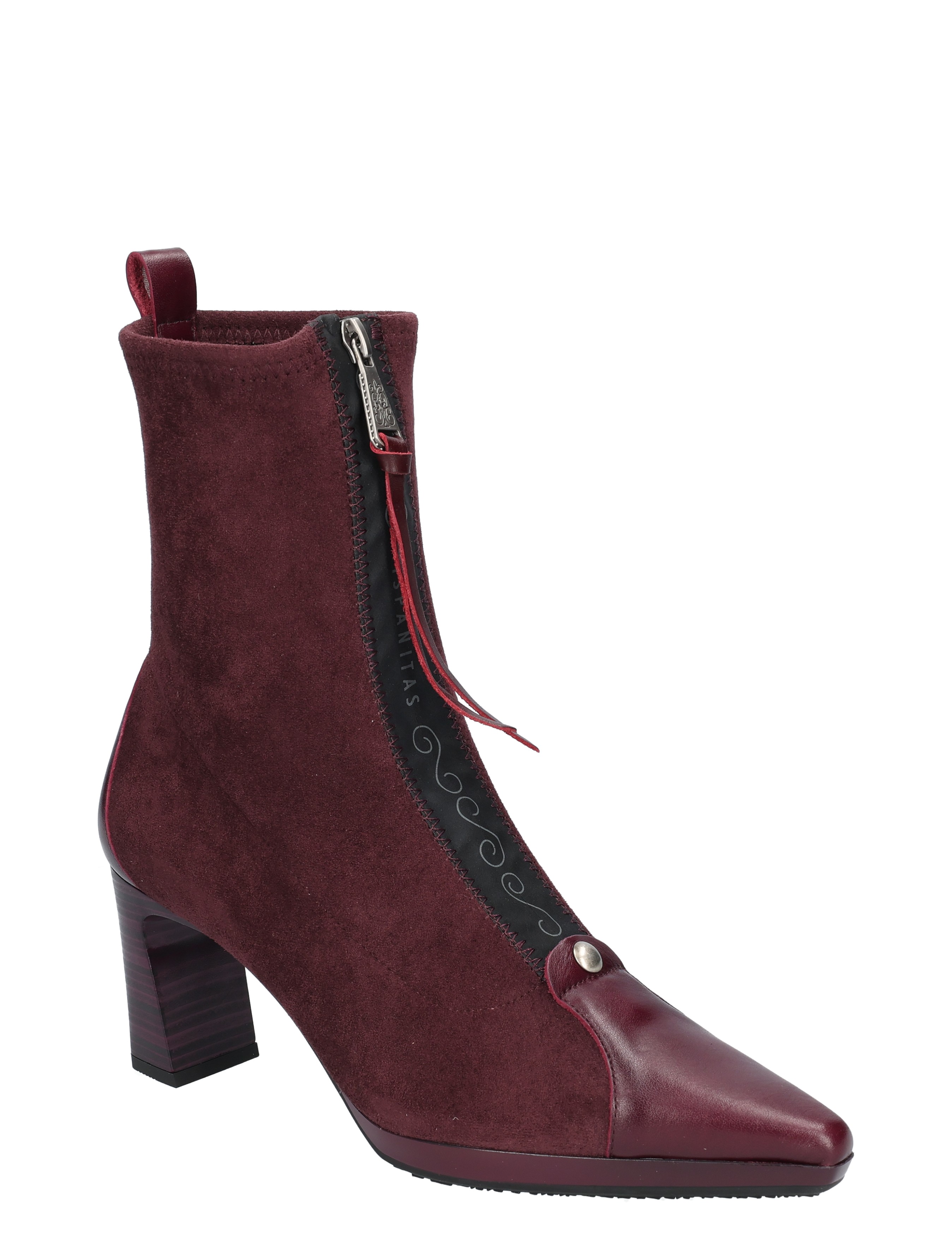 ankle boot, zwarte rits, suede, hoog hak, burgundy