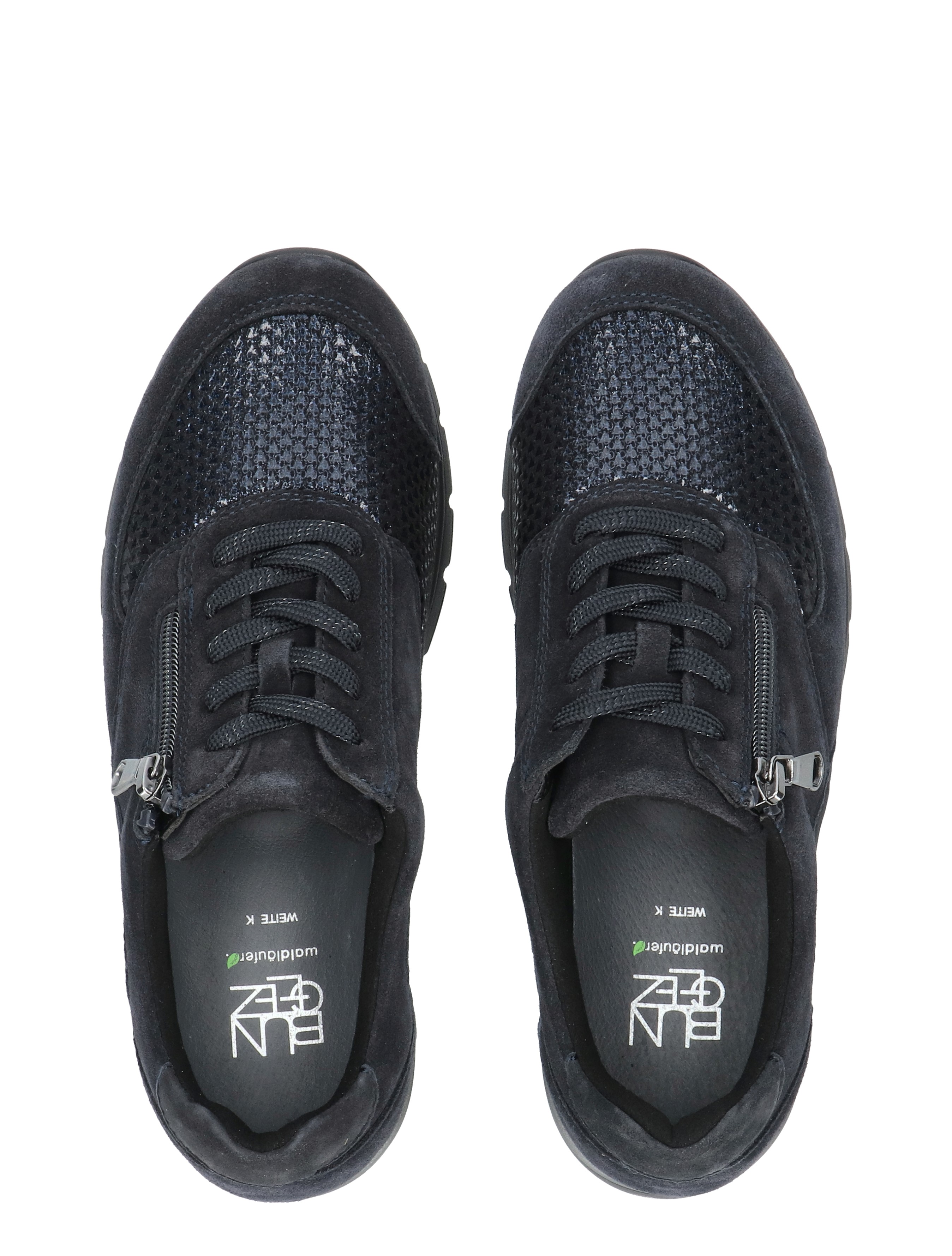 sneakers, donkerblauw, mesh, veters, zijzip
