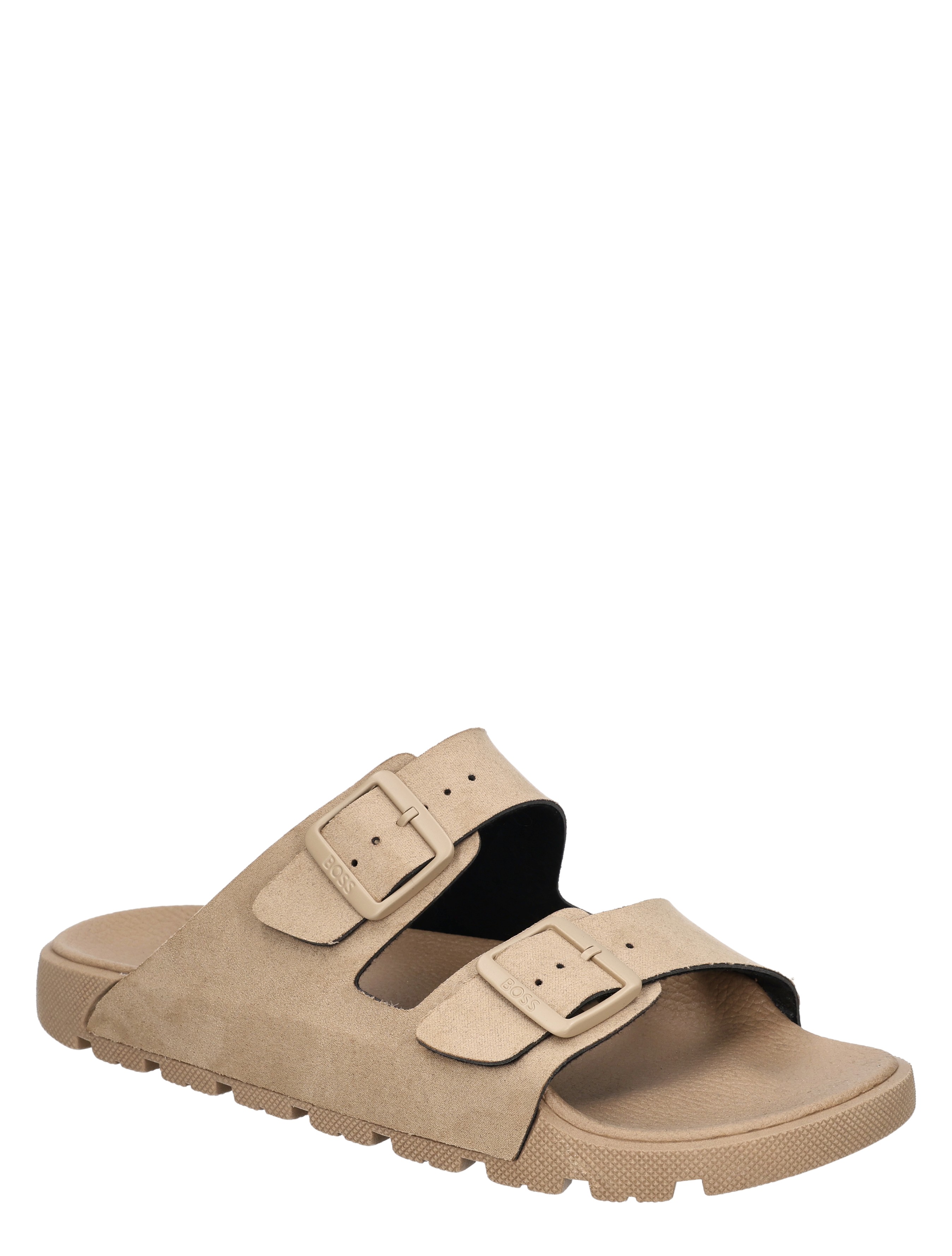 sandalen, slipper, dubbele gesp, suede, touwzool