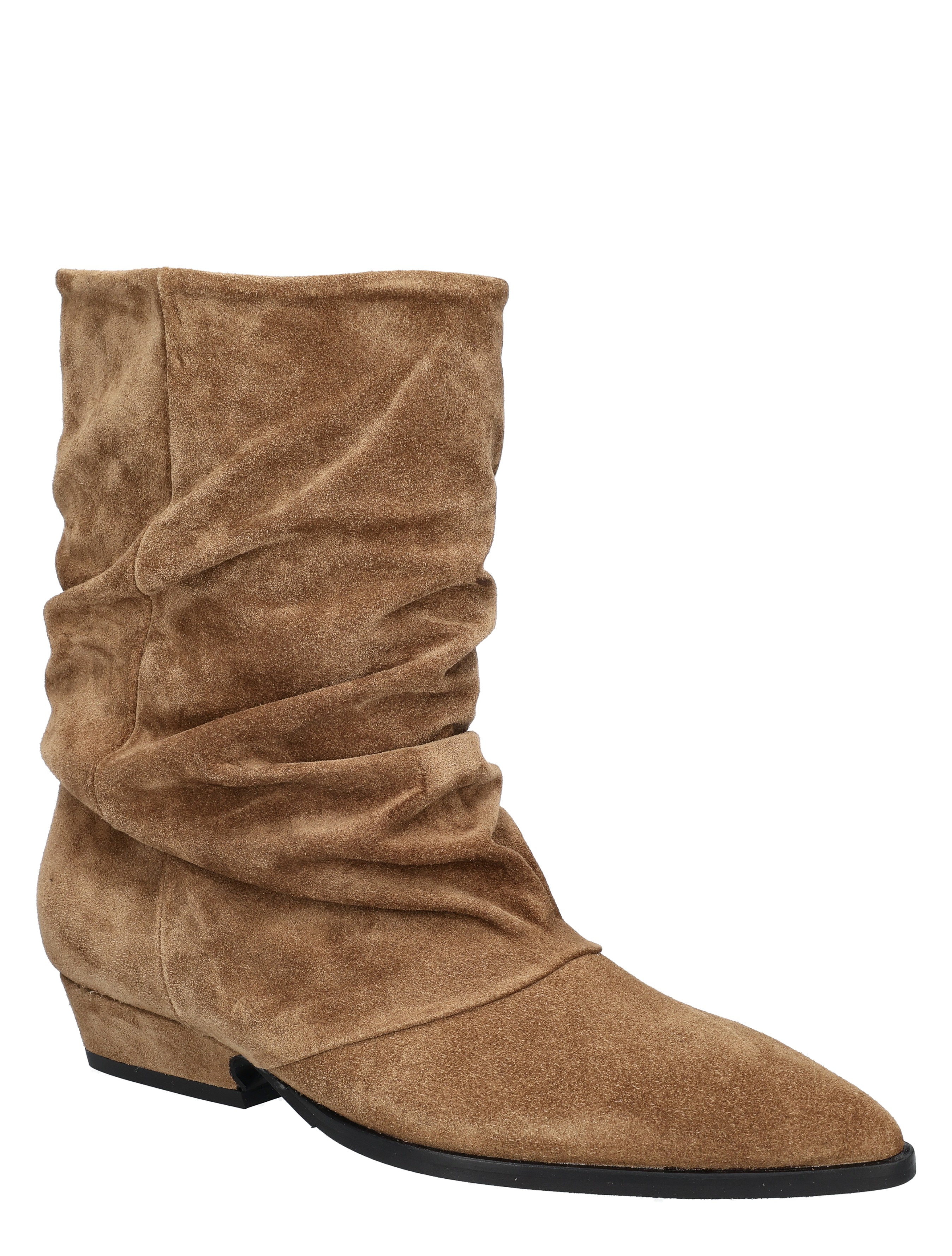 bruine suede, laarsje, hoge schacht, slouchy design, platte hak