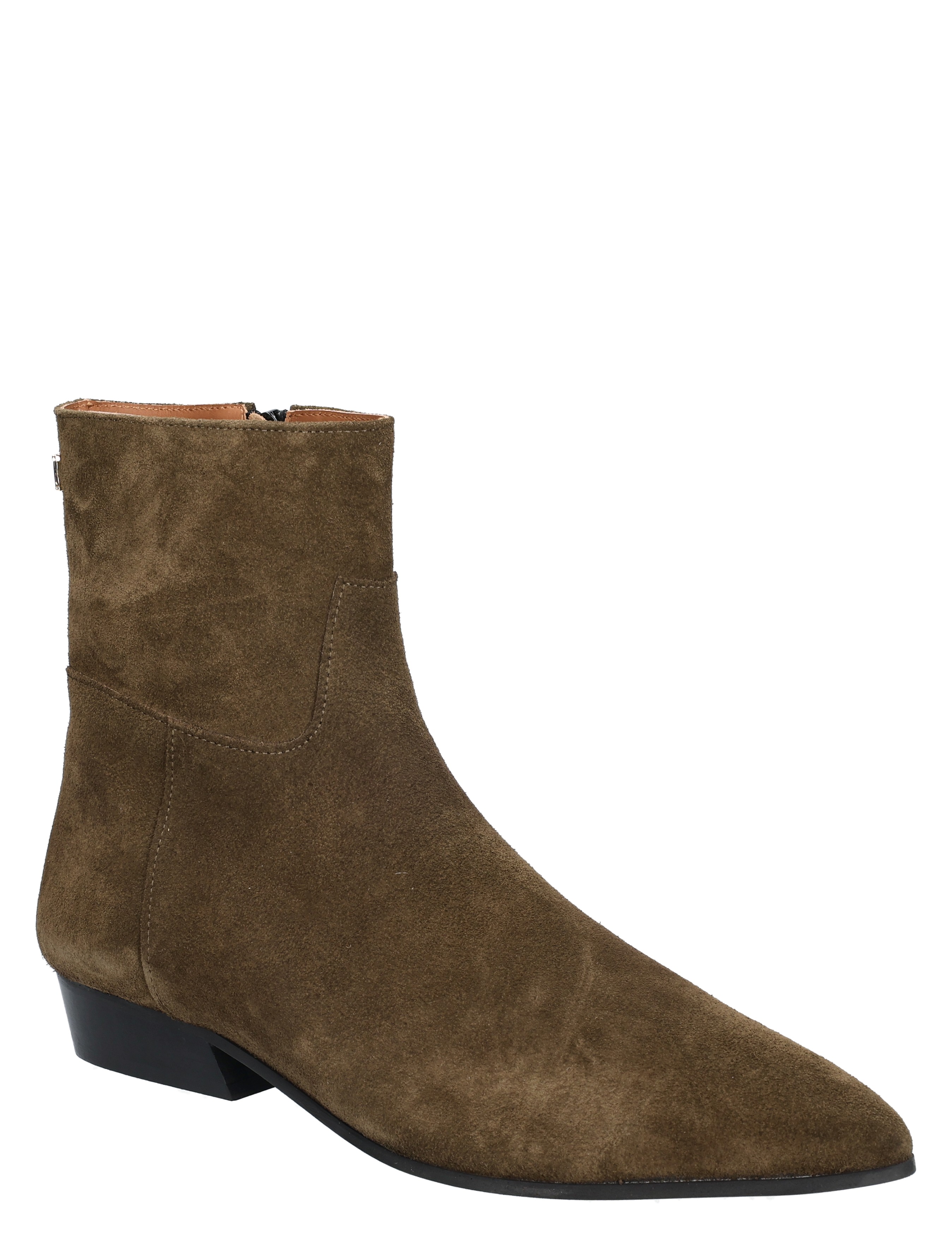 suede, ankle boot, bruin, middelhoge hak, steil/pointed tip