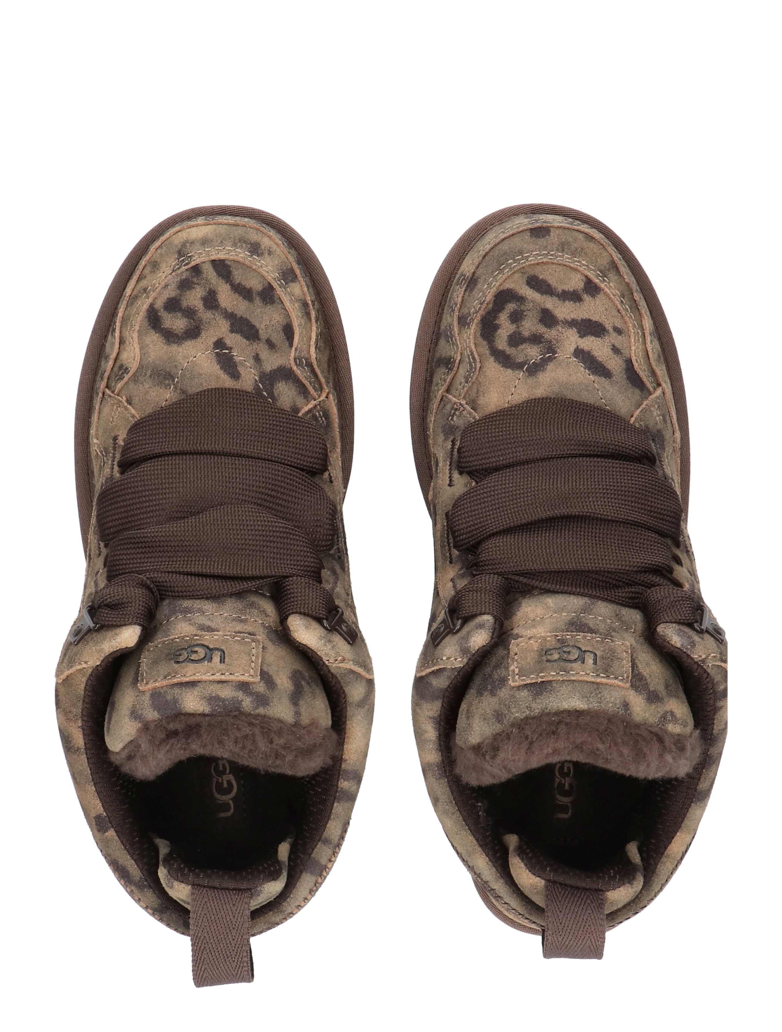 sneakers, luipaardprint, bruin, suède, dikke veters