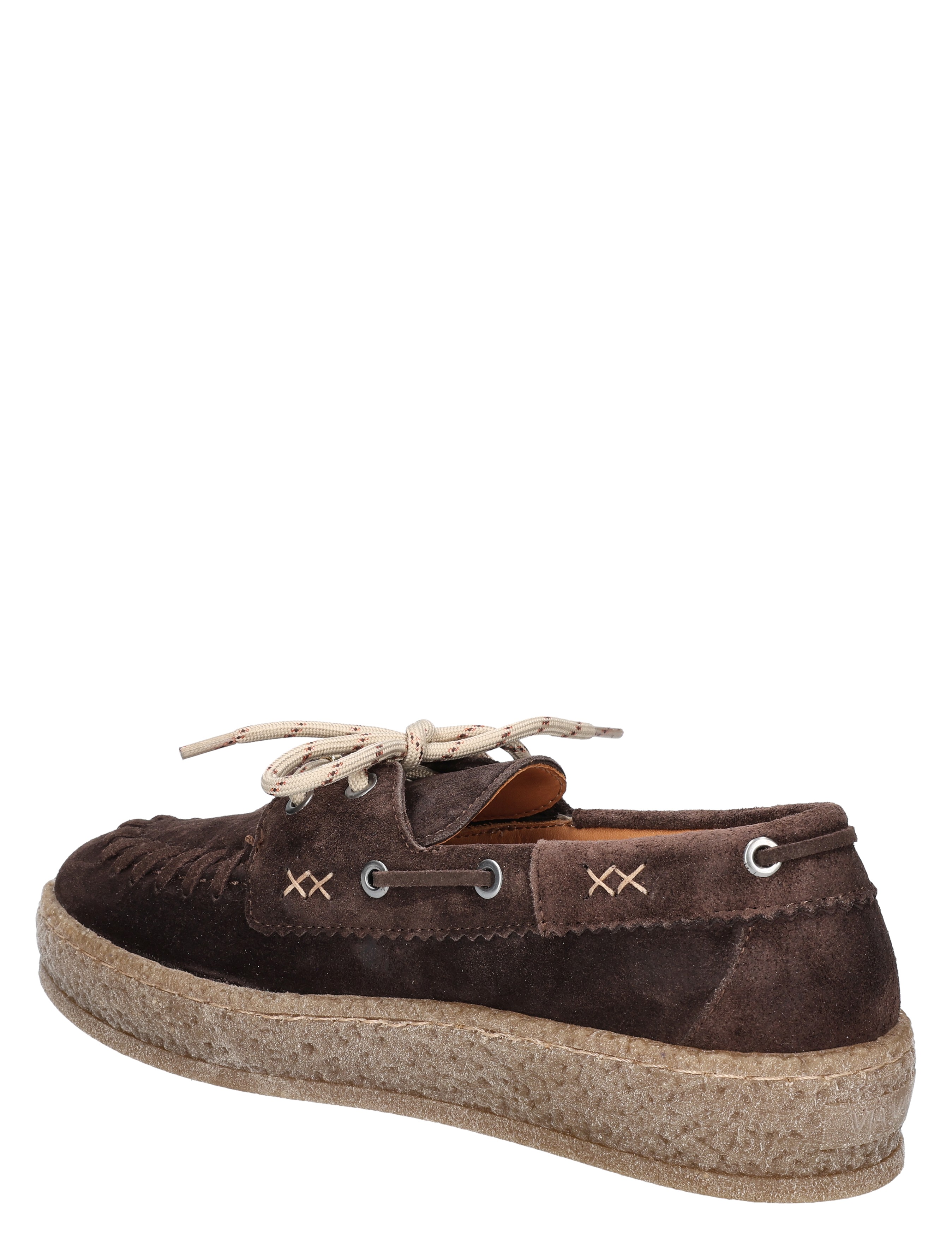 brown suede, boat shoe, crepe sole, lacing, stitching details