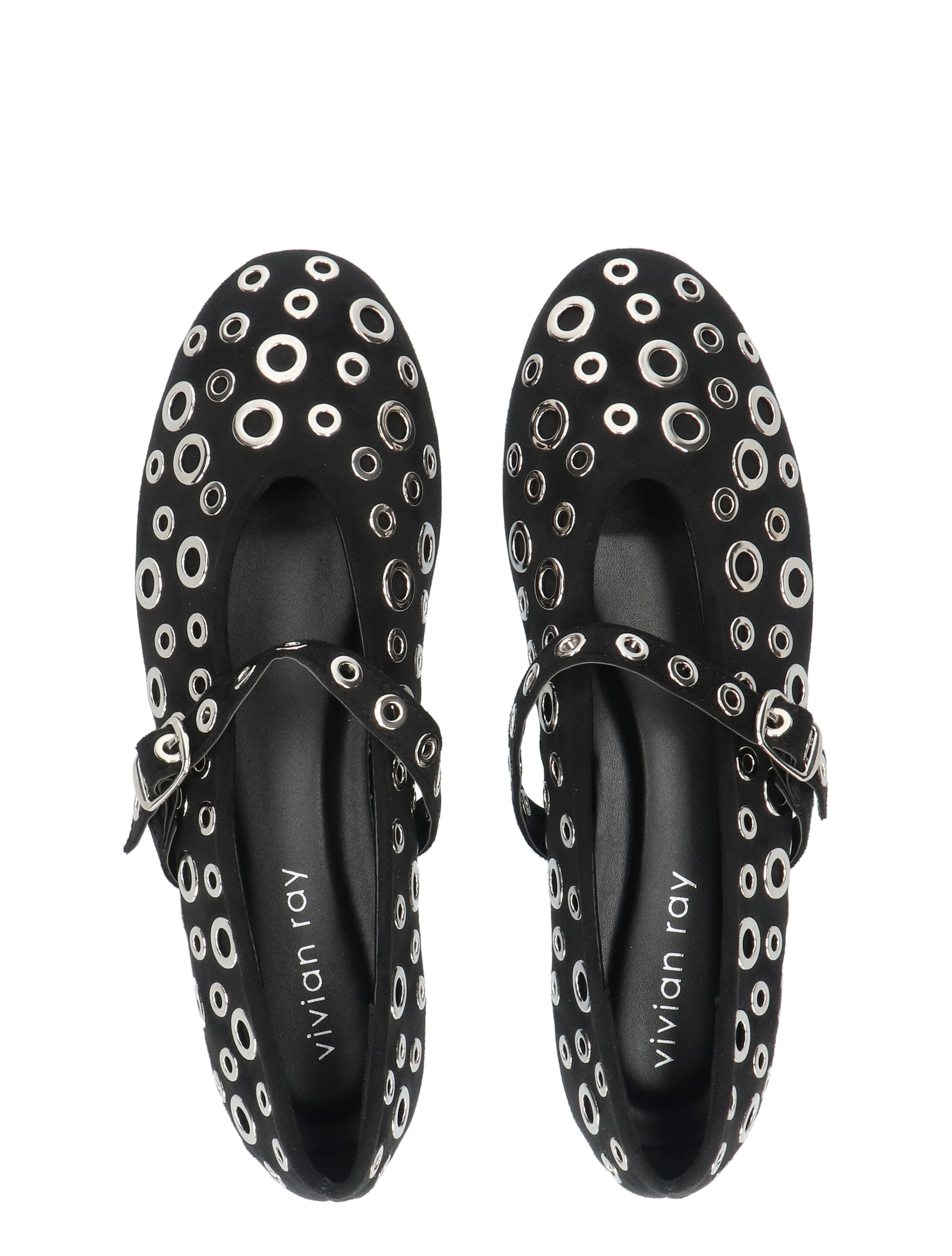black flats, eyelet pattern, strap closure, round metal eyelets, soft suede-like material