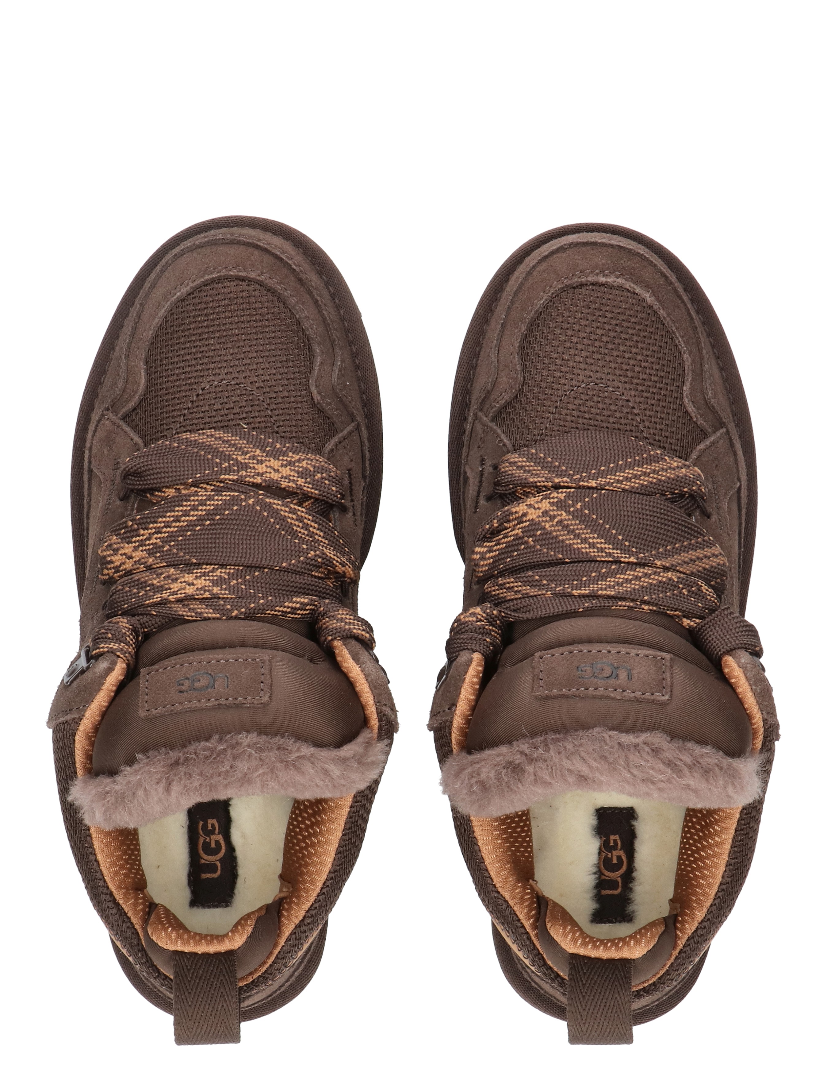 wandelschoenen, bruine, fleecevoering, veteren, gespikkelde band
