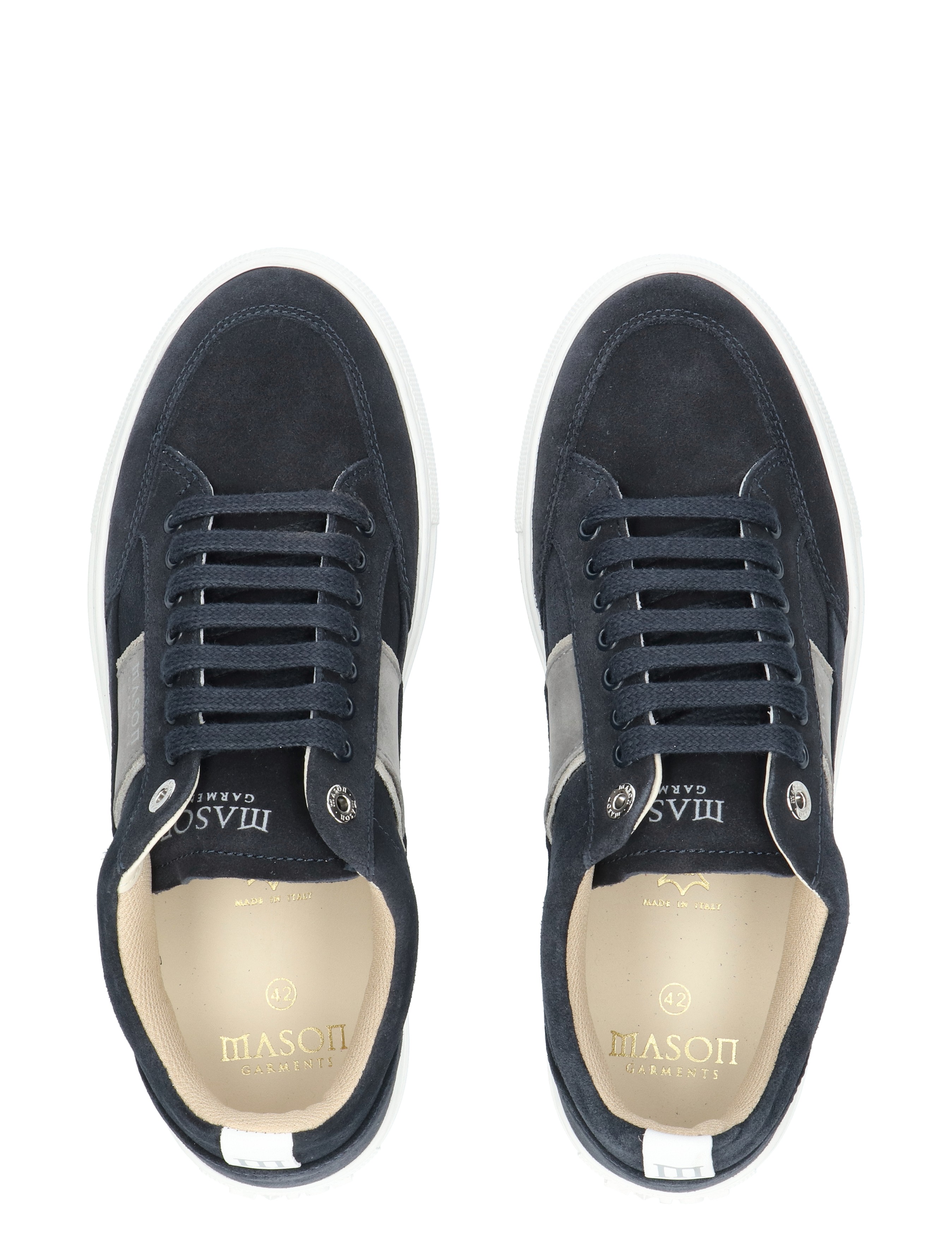 sneakers, donkerblauw, suede, witte zool, veters