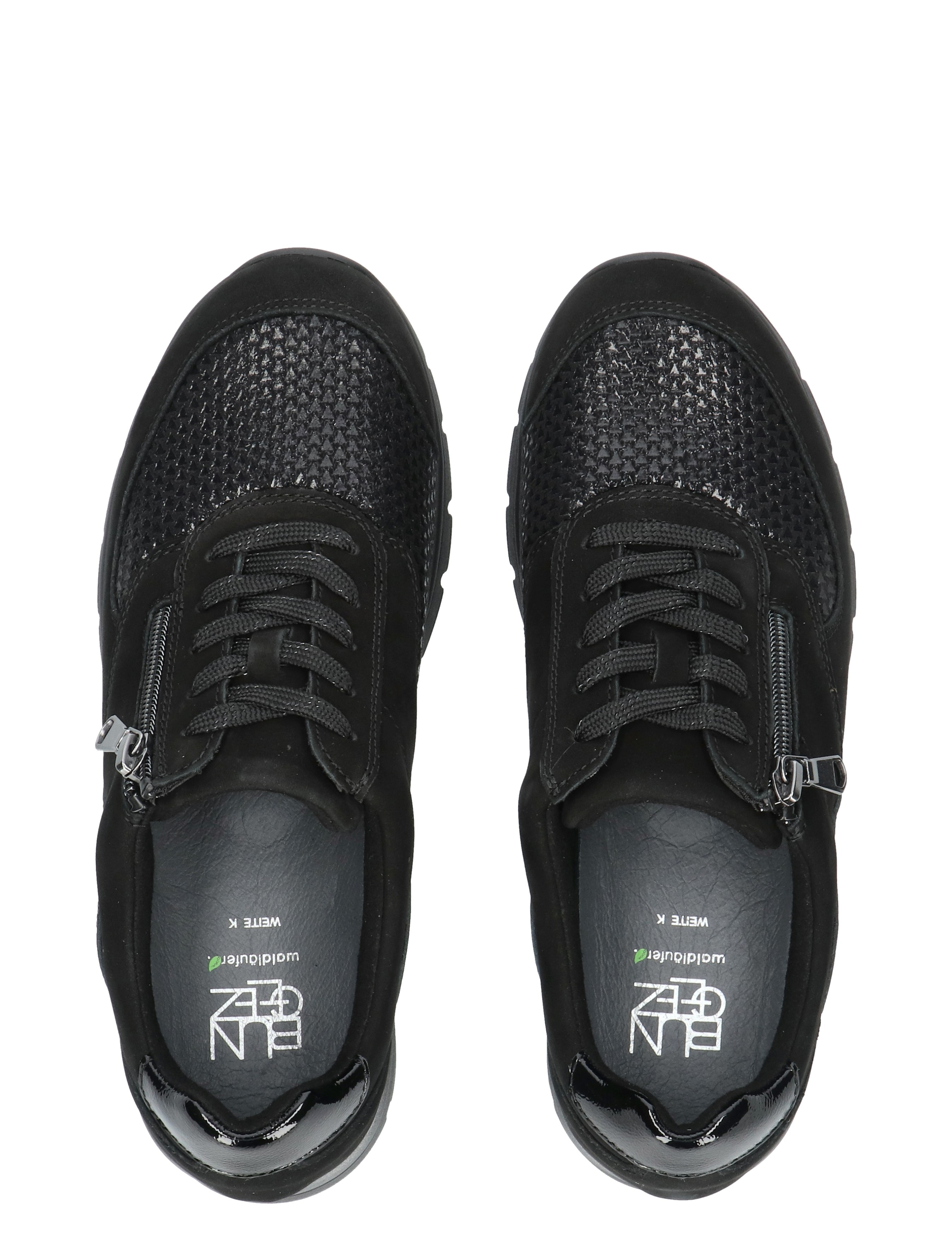 sneakers, zwart, veters, mesh, rits voorzijde