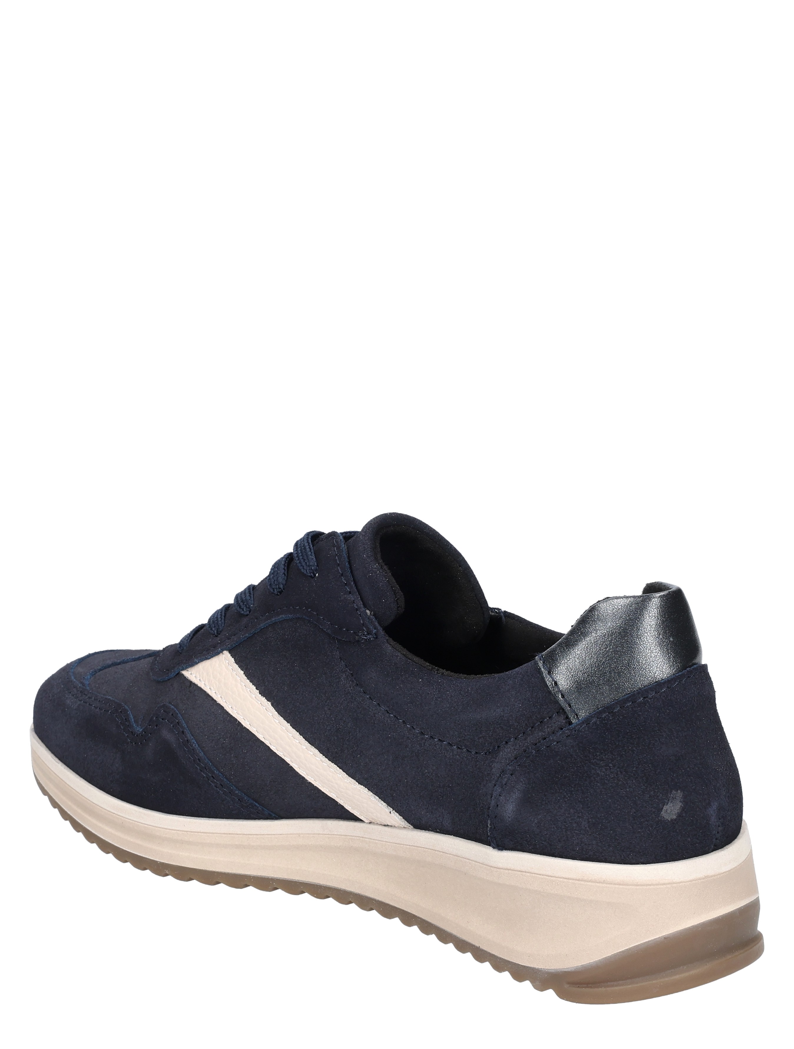 sneaker, navy, suede, witte band, wedge zool