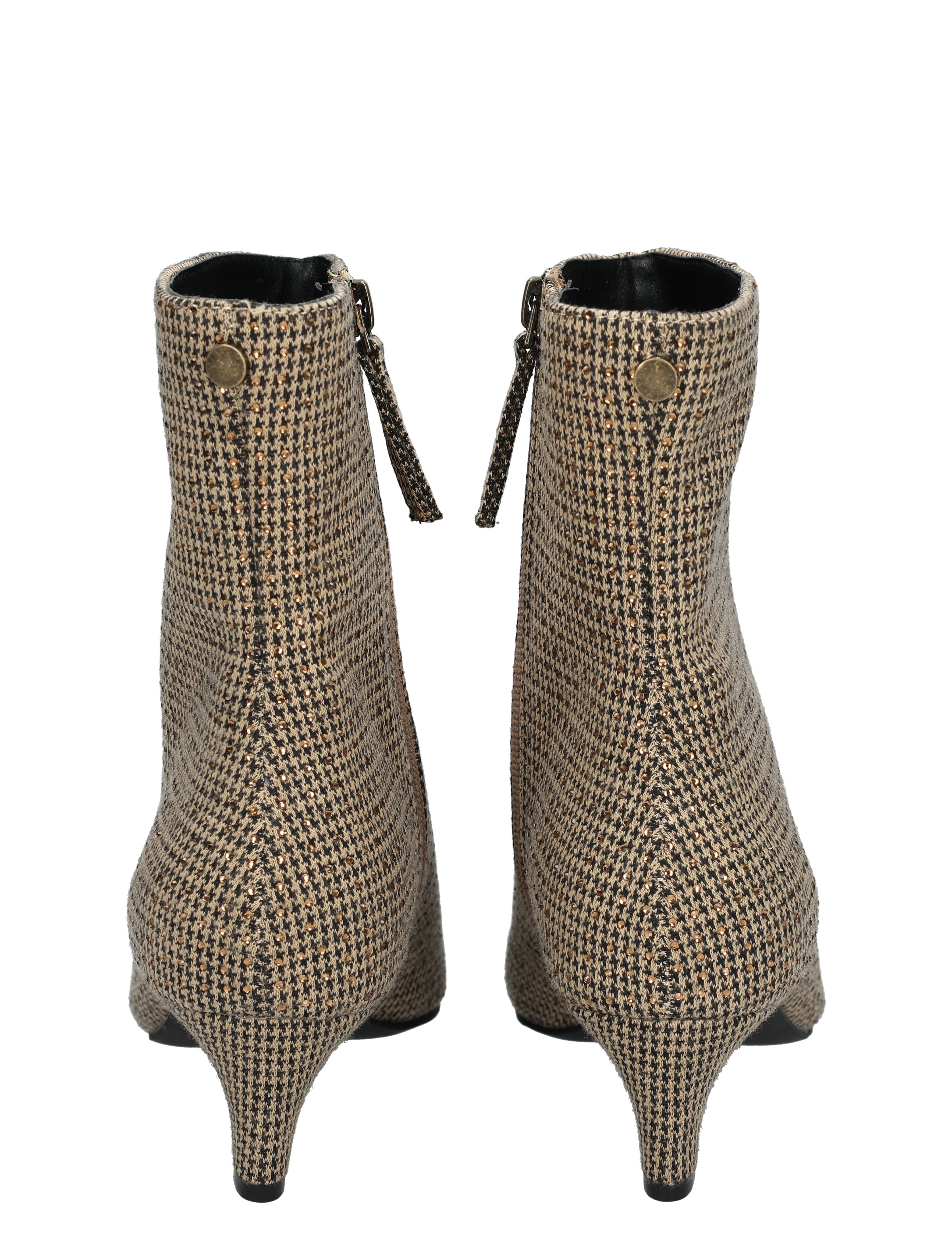 hielige laars, hakken, textiel patroon, tweed, zwarte zijkant