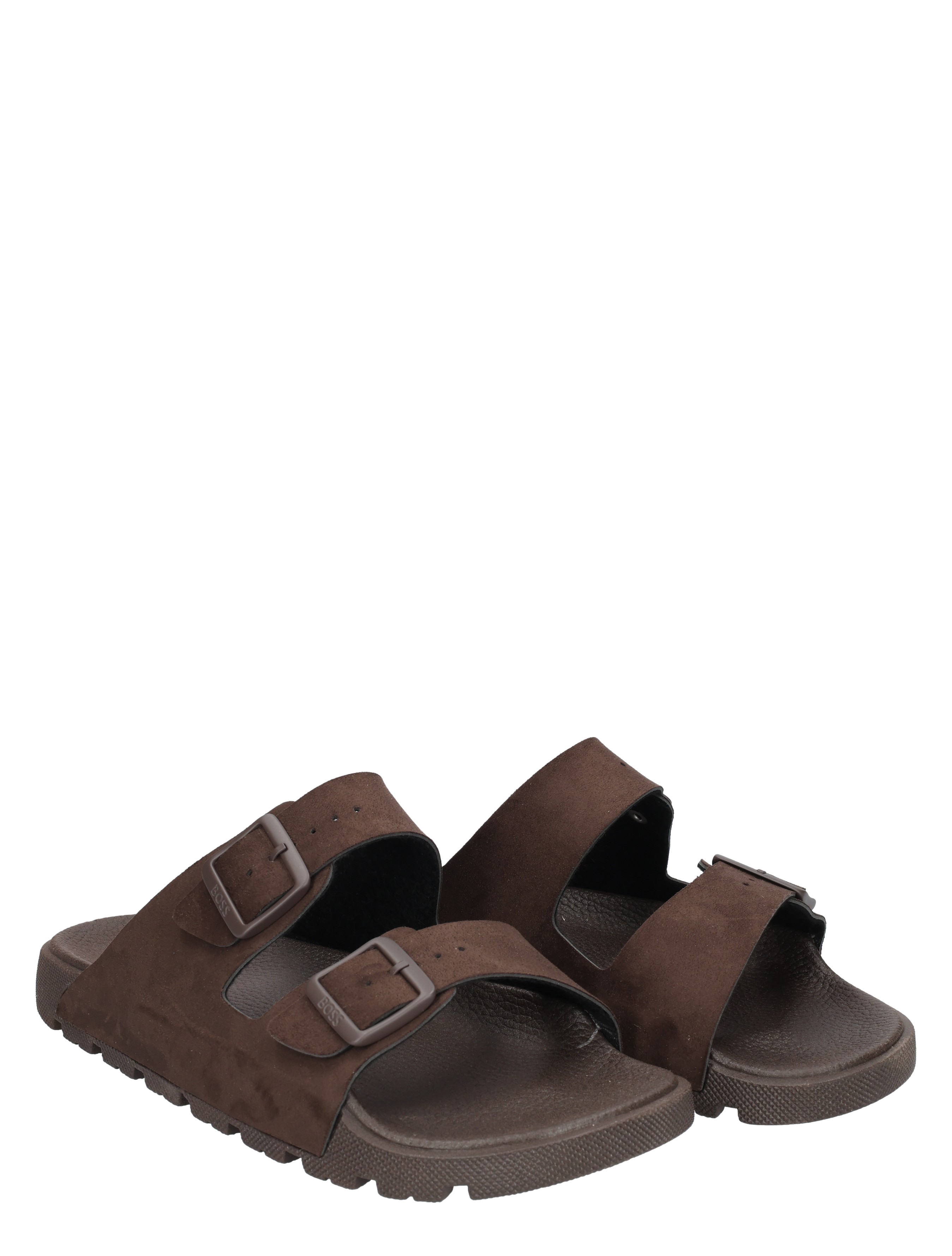 sandalen, bruin, suede, dubbele verstelbare band, slip-on