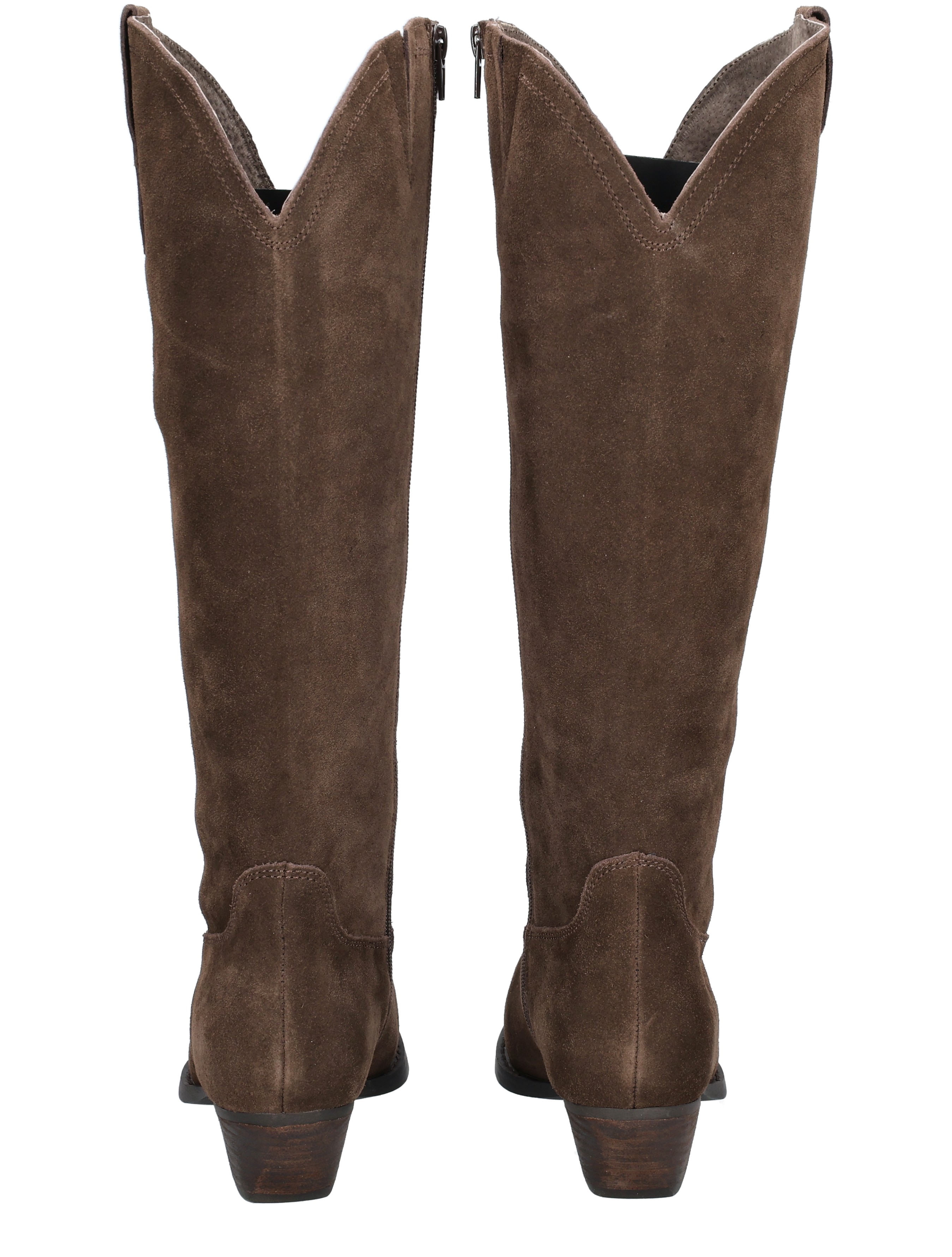 knielaarzen, bruine suede, hoge laars, zadelhak, poten achterkant