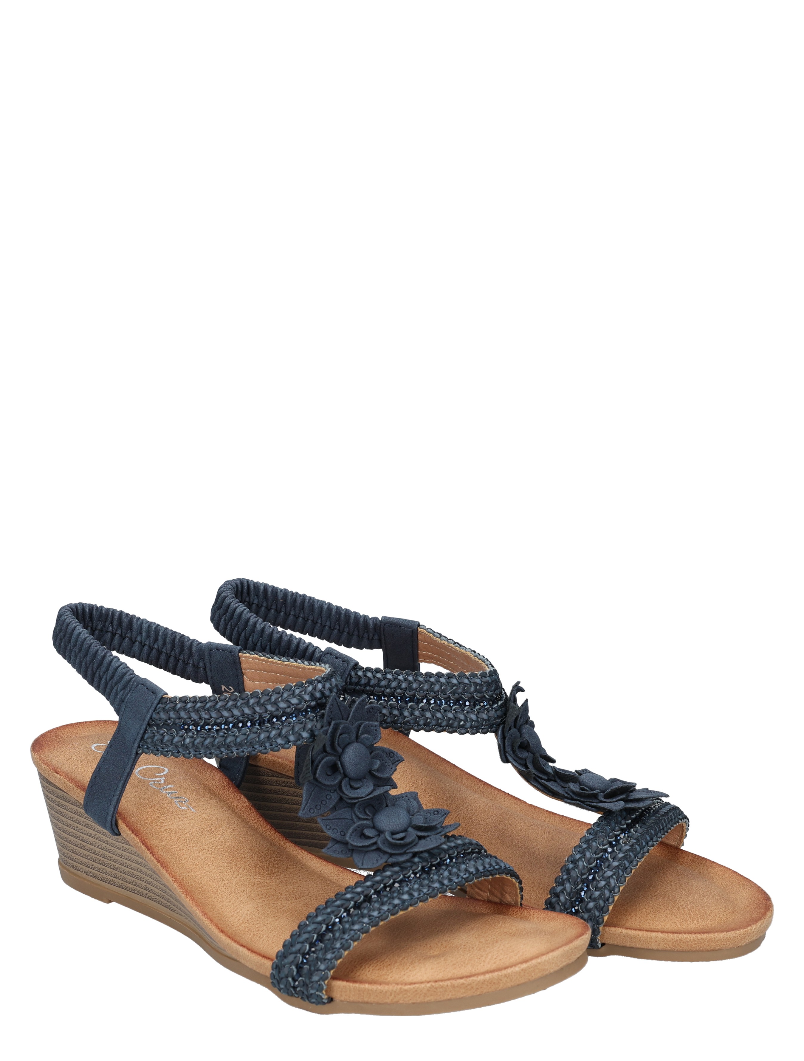 sandalen, wedges, blauw, riempjes, bloemendecor
