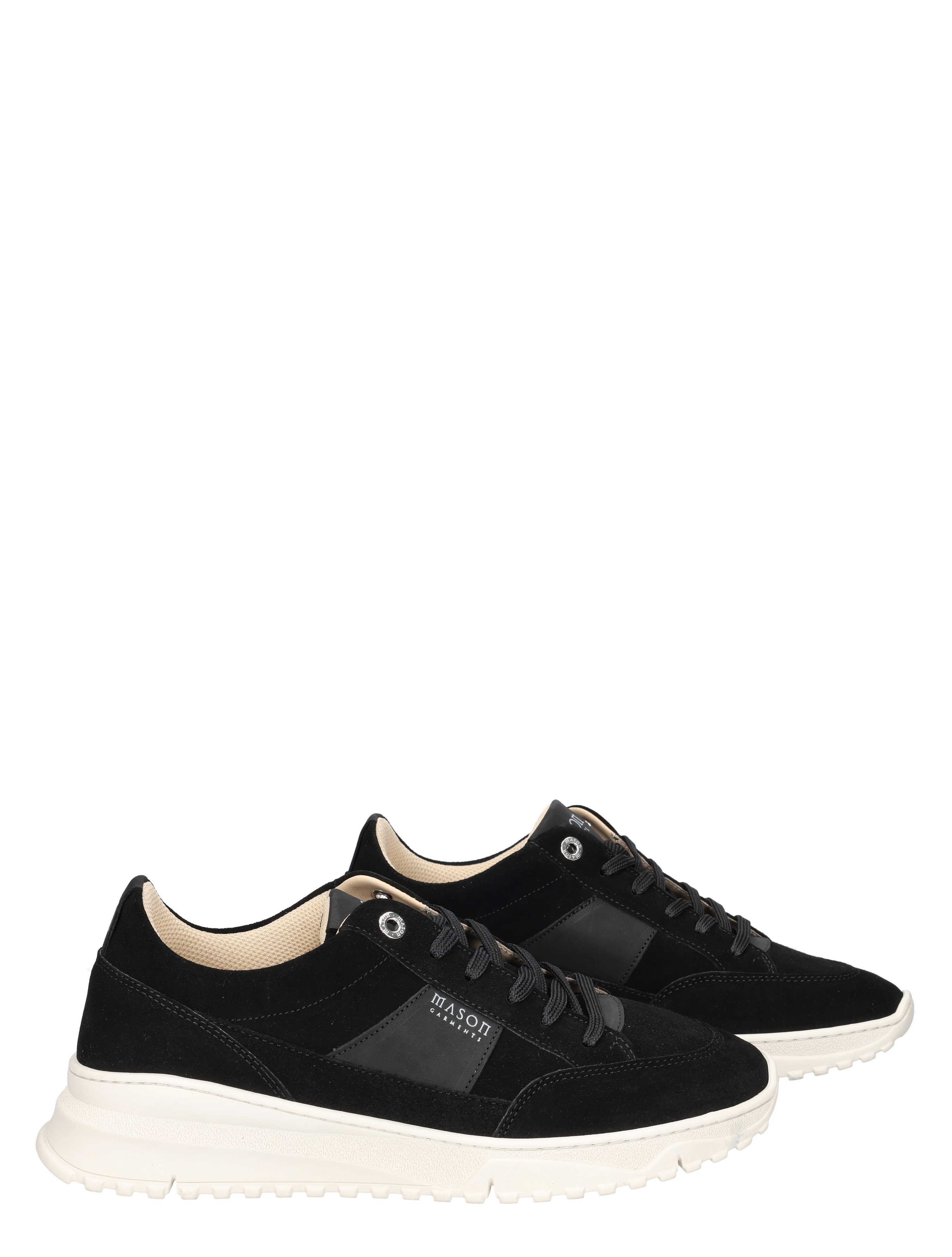 sneakers, zwart, suede, laag model, witte zool