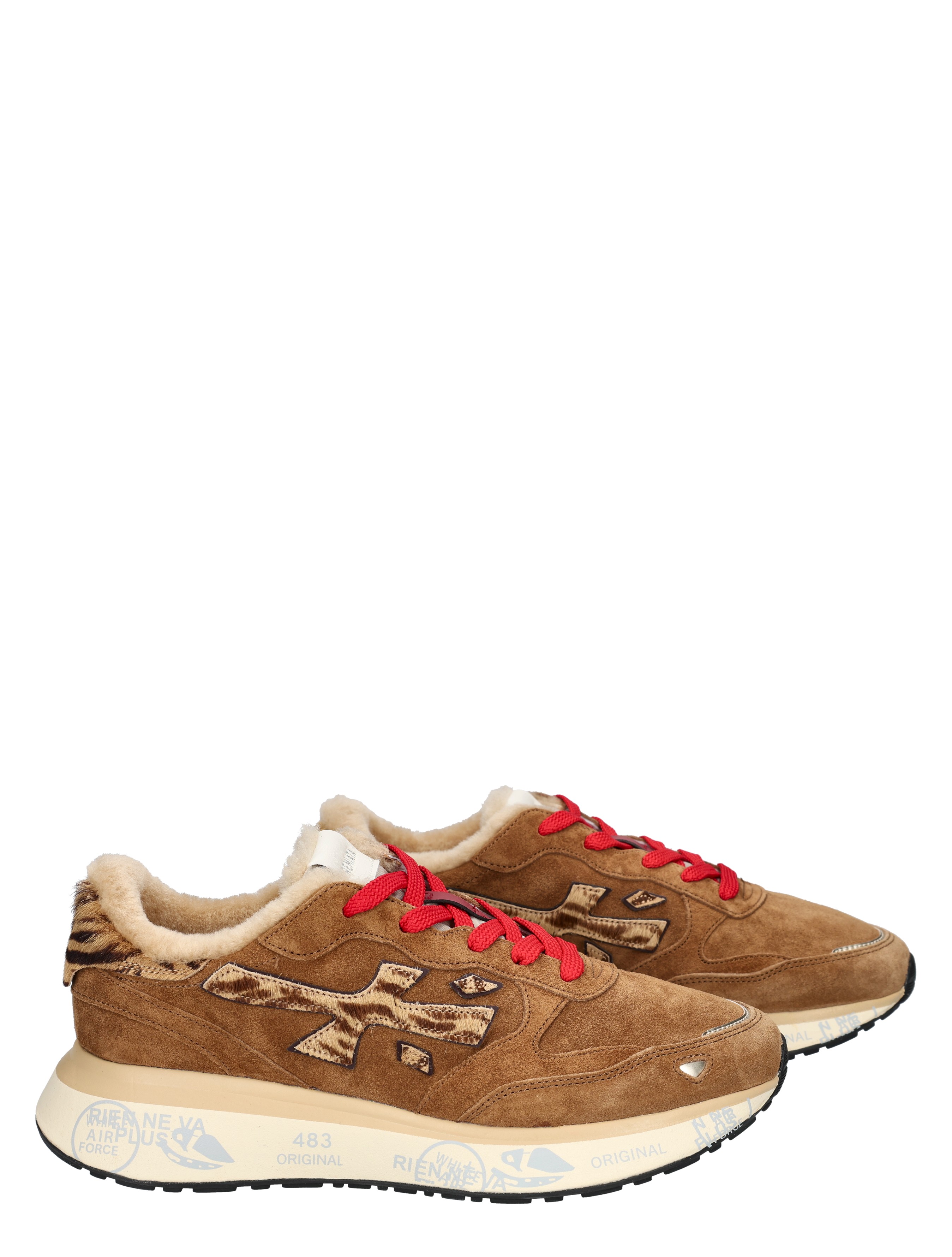 hardwood brown, suede, fur lining, red laces, sneakers