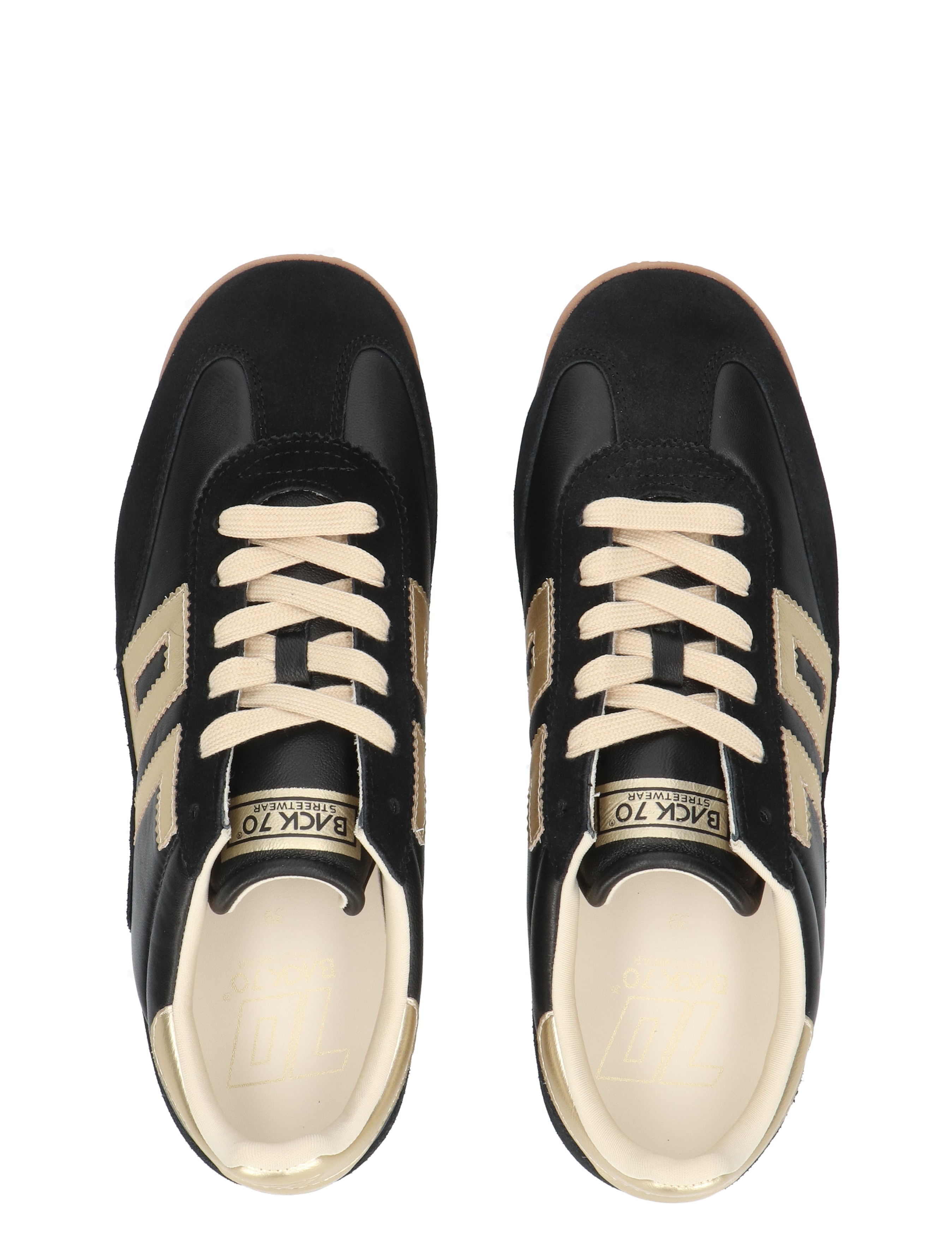 sneakers, zwart, beige, veters, bovenaanzicht