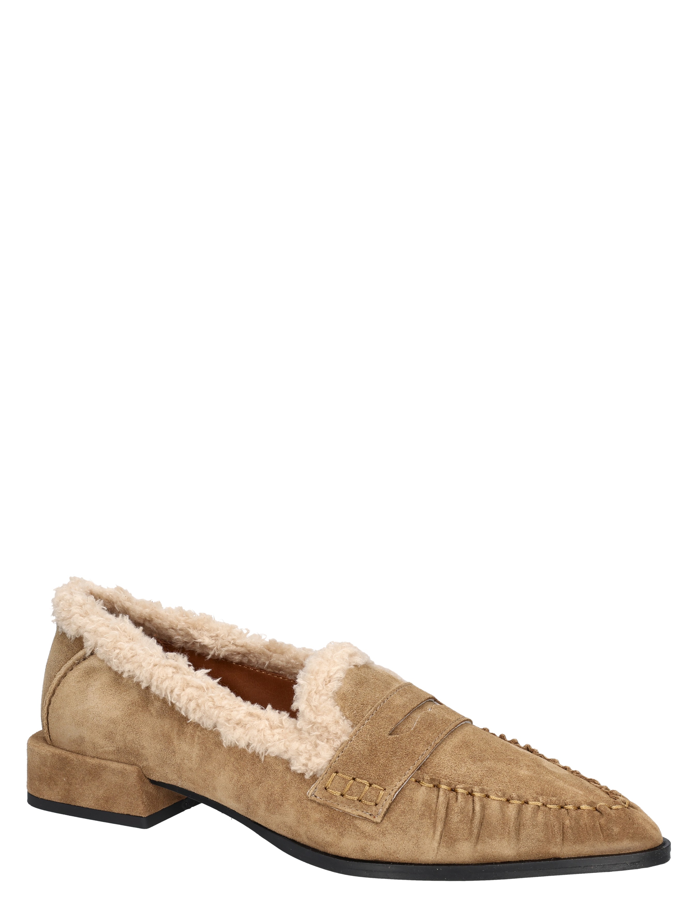 loafers, moccasin, suede, shearling, brown