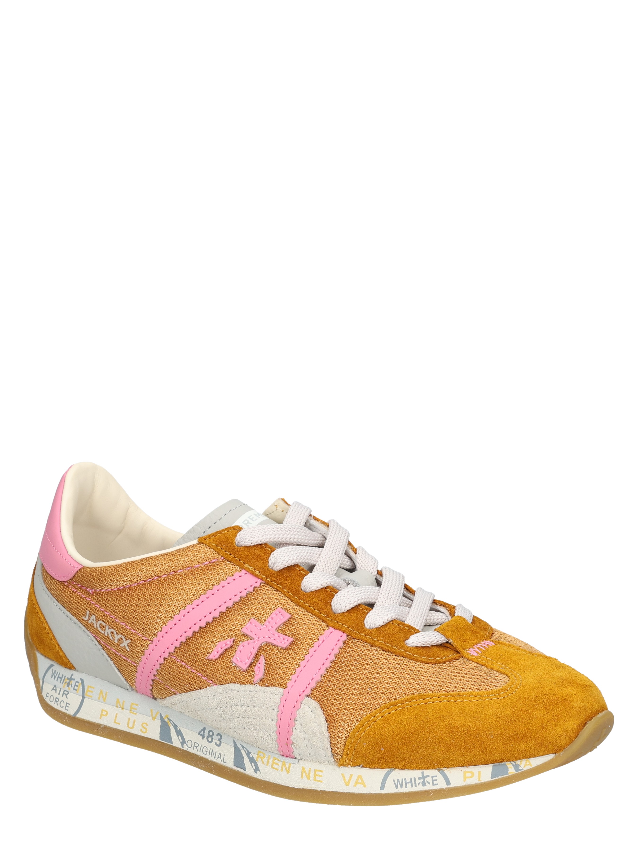 sneaker, sportschoen, roze accenten, suede leer combinatie, oranje beige tint