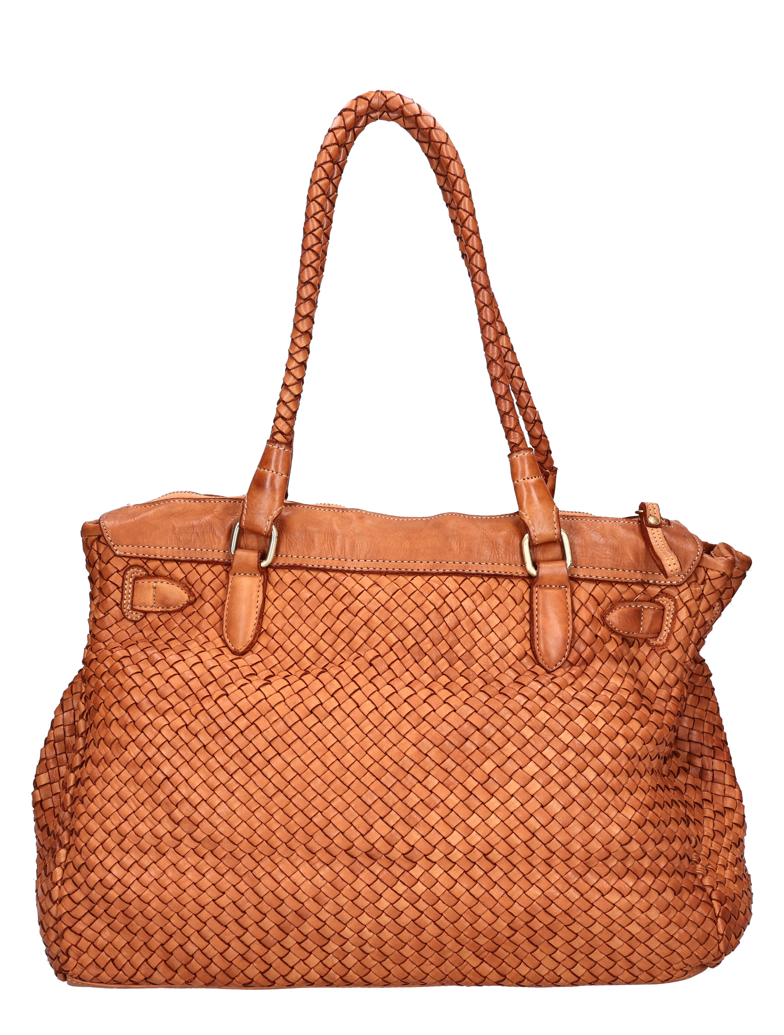 tote bag, woven leather, bruin, dubbele hengsels, ritssluiting