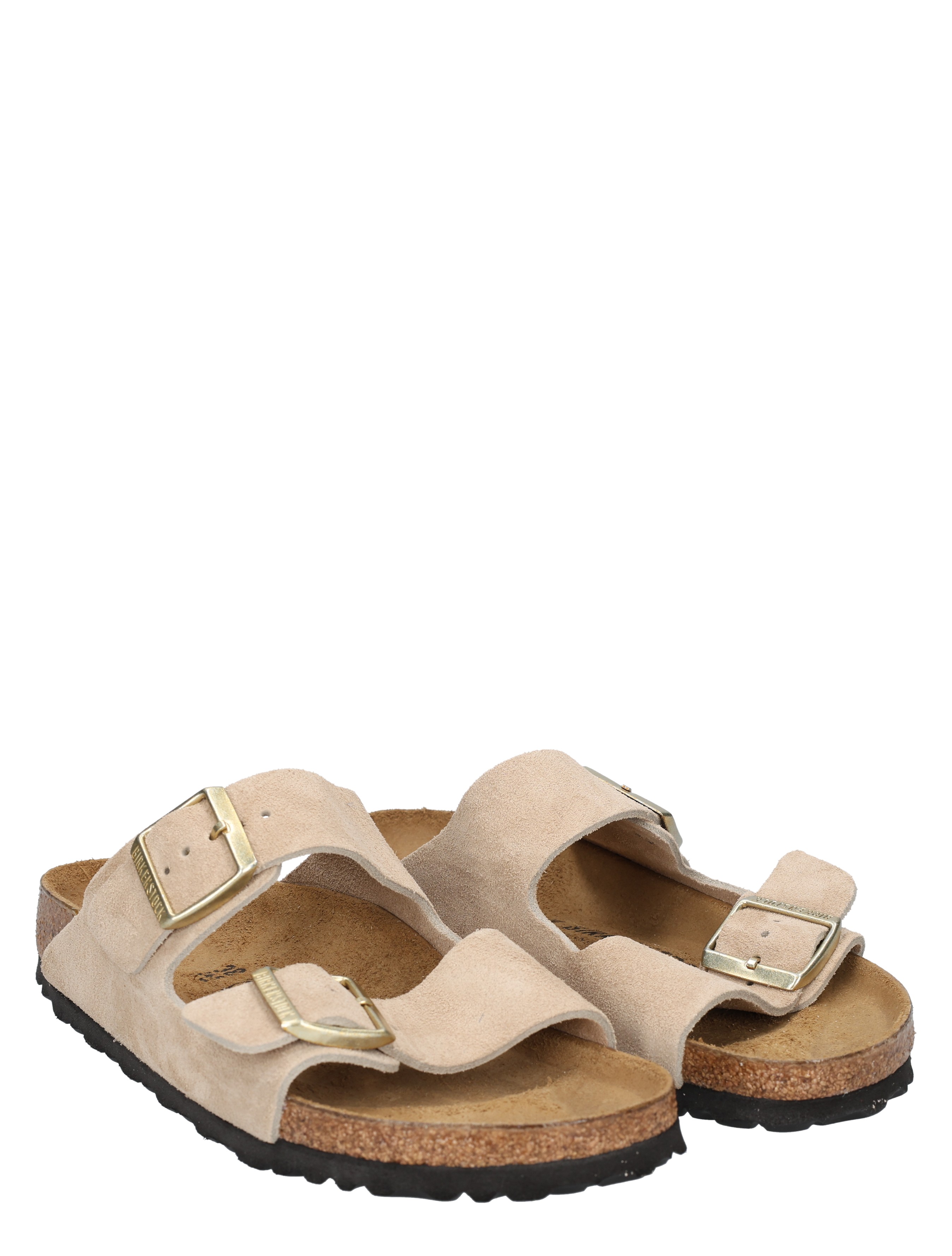 sandalen, dubbele band, korkzool, gesp, neutraal beige