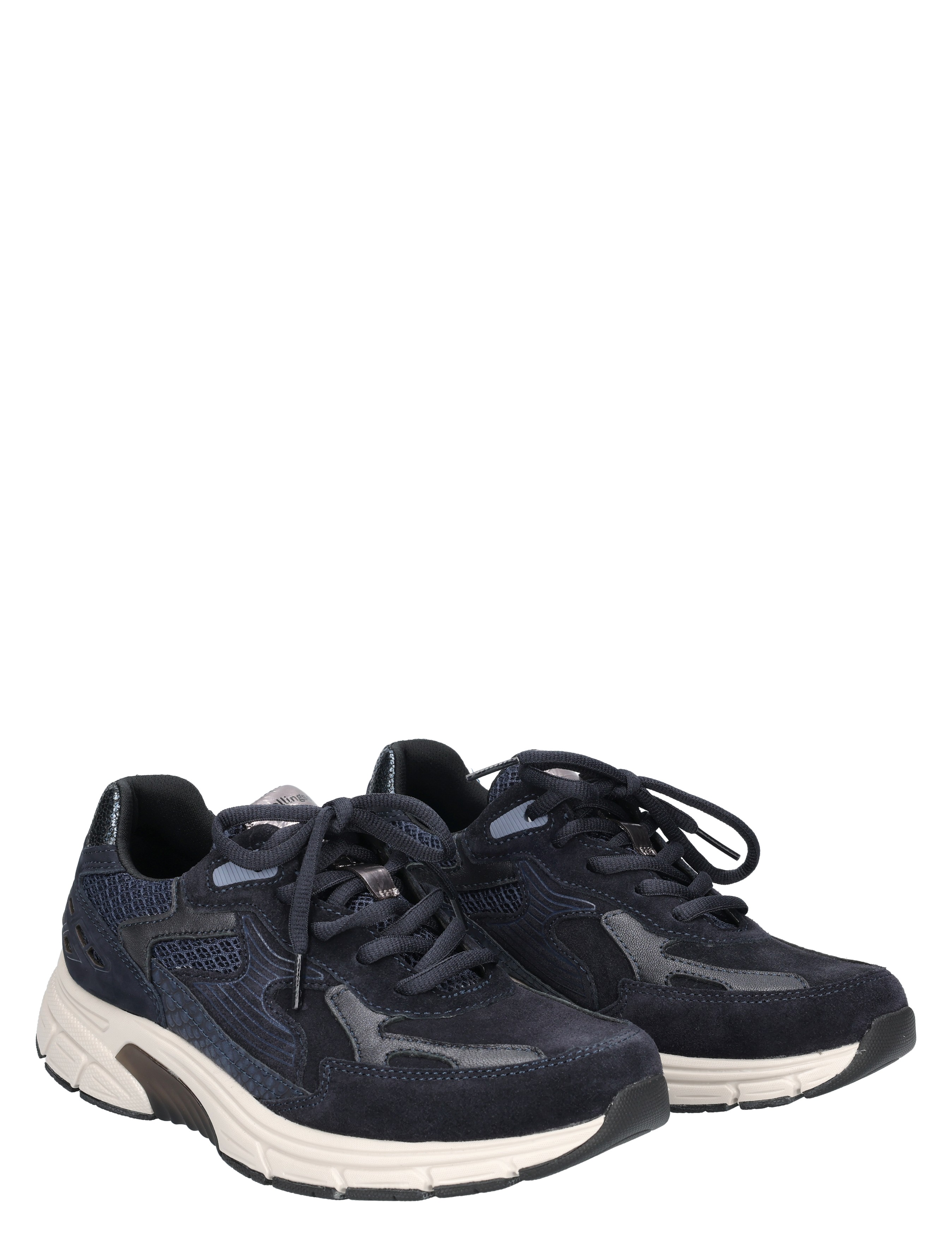 sneakers, donkerblauw, mesh, leder-look, witte zool