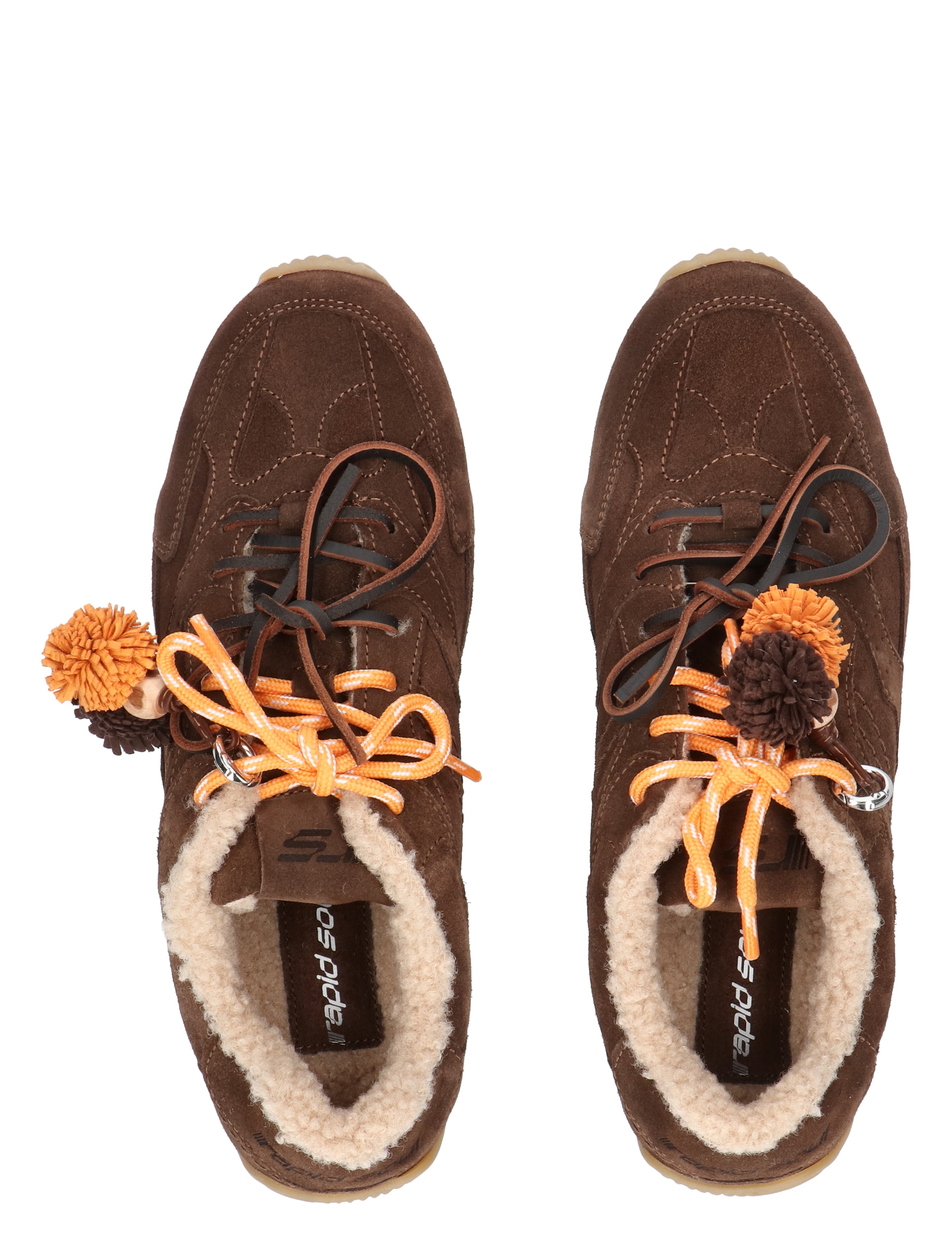 bruine schoen, laarzen, suede, bontvoering, veters met pompon