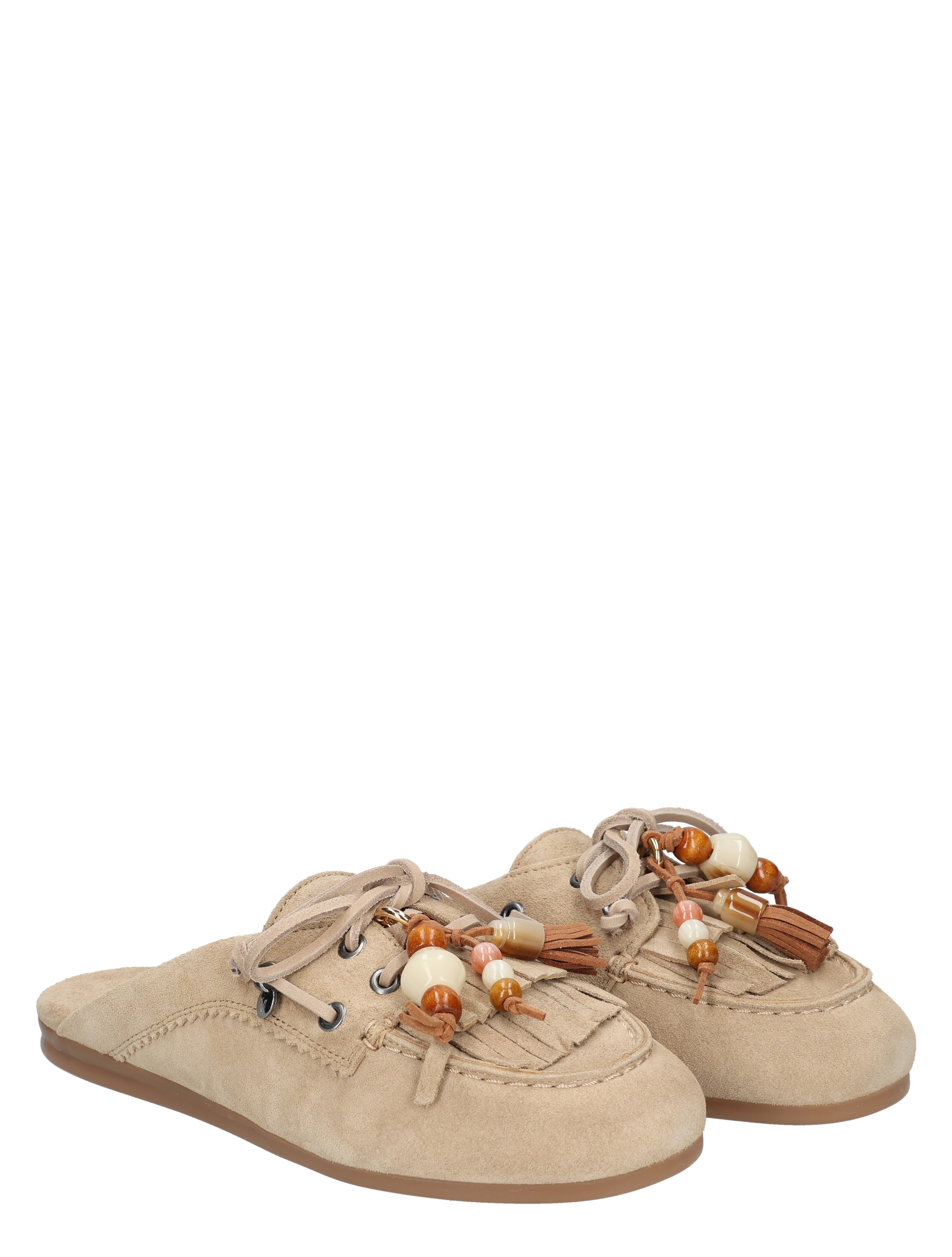beige loafers, suede, moccasins, bead tassels, lace-up