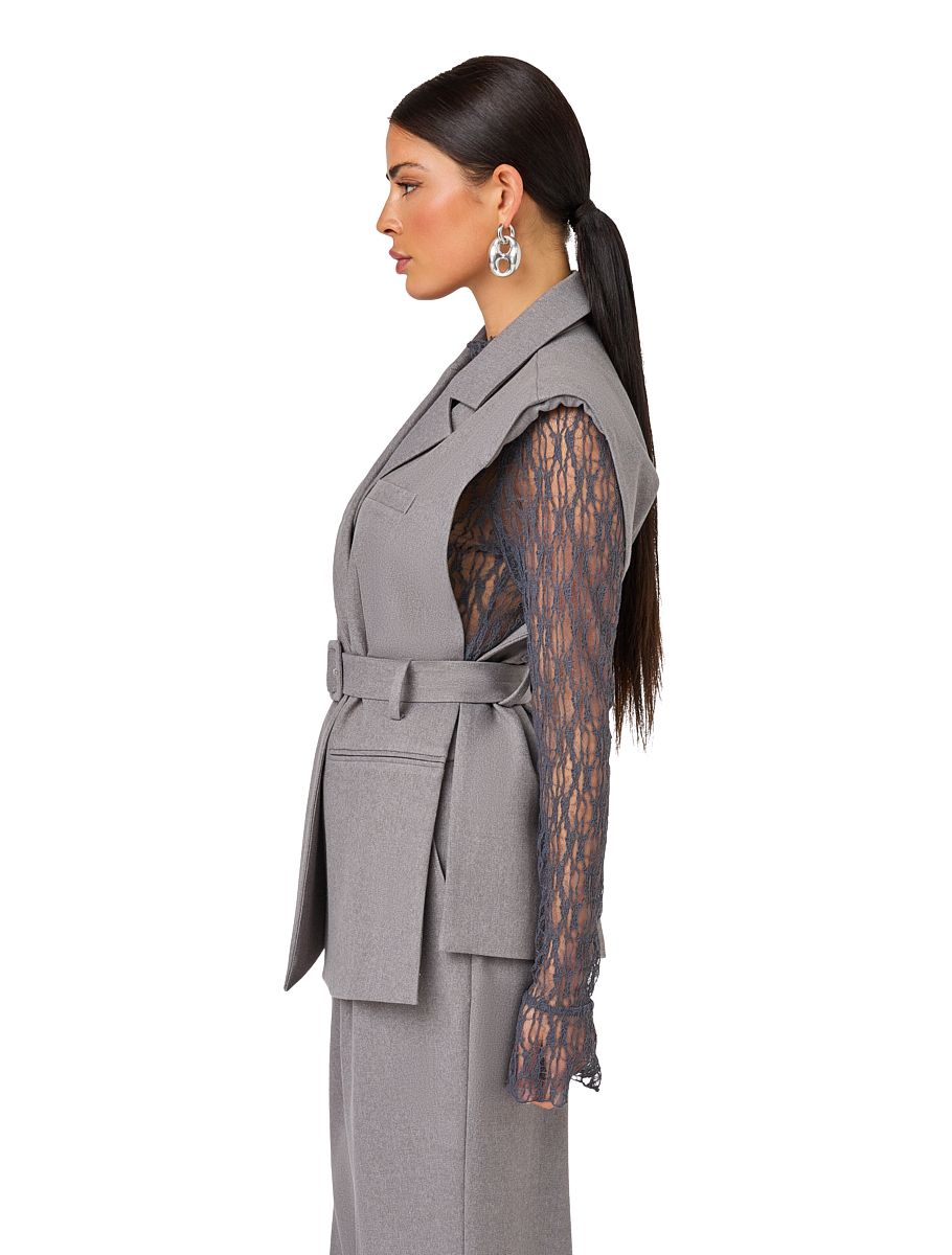 jurk, mouwloze vest, loden grijs, taillering, outfit set