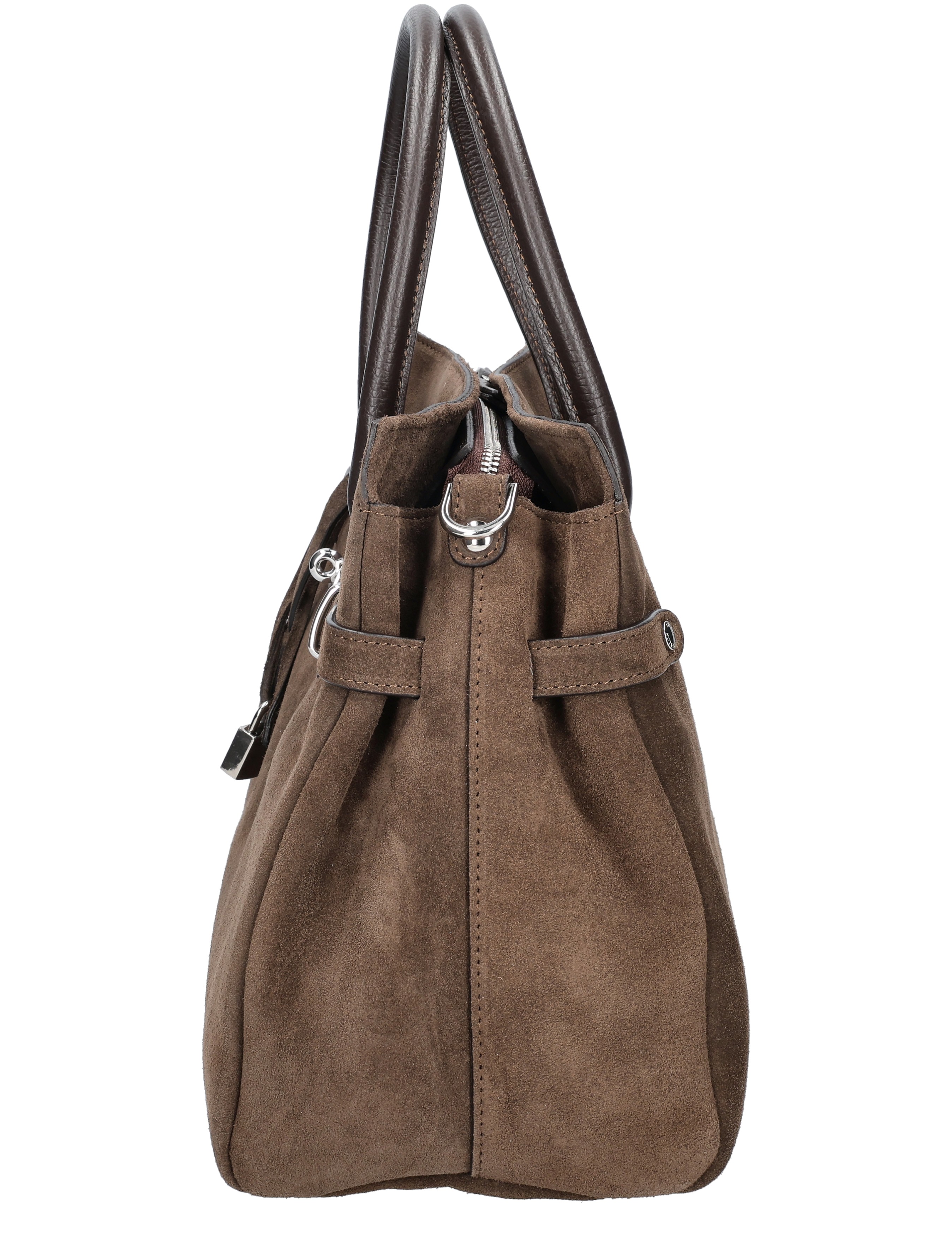 handtas, suede, bruin, trolley, dreutel