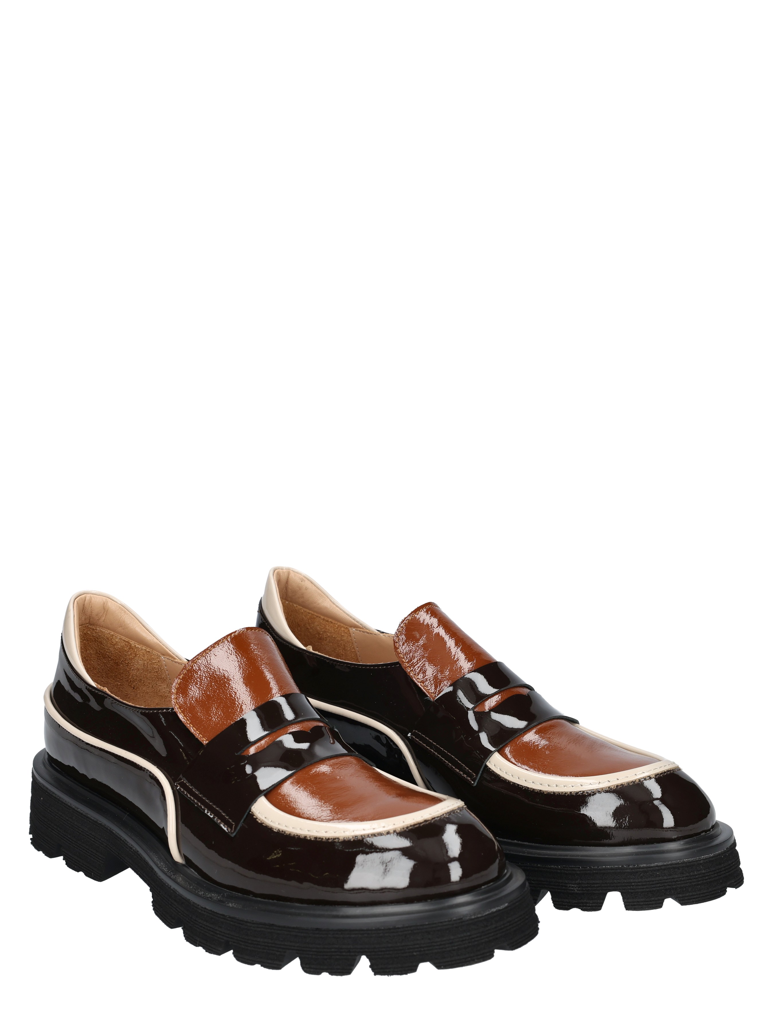 damesschoenen, glanzend leer, tweedelige kleuren, veterloze loafer, chunky zool