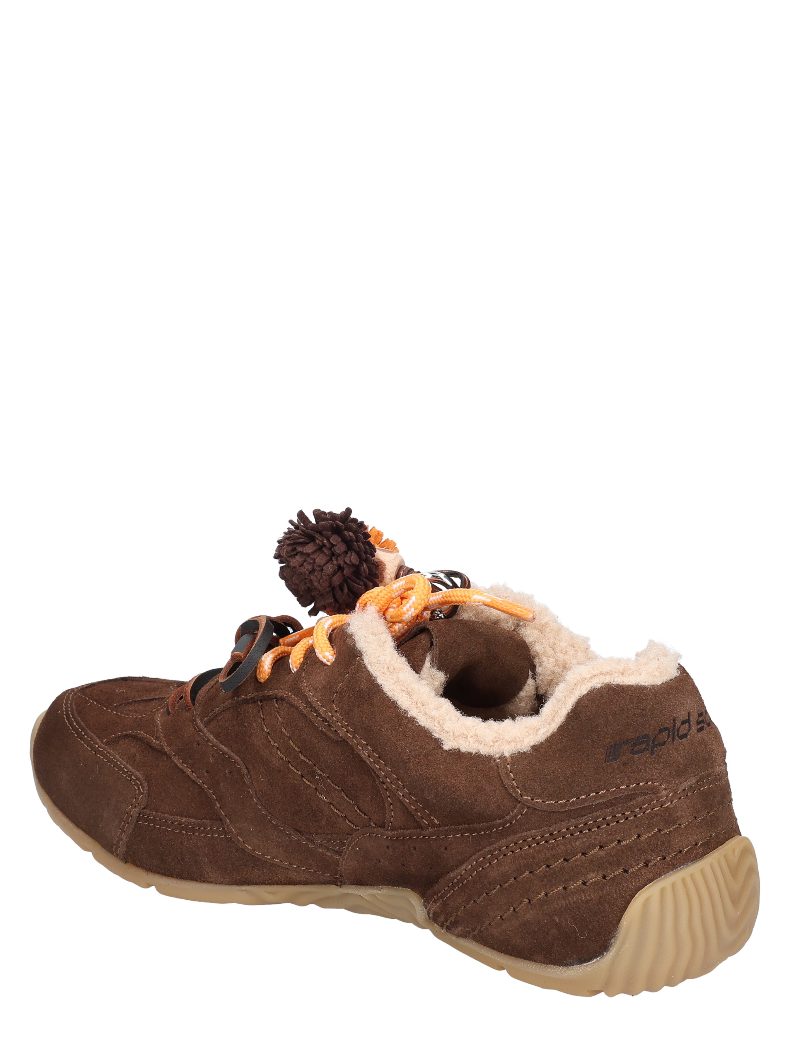 bruin, suede, schoen, boot, slip-on, warme voering, oranjevlecht, rubberzool, kinderschoen