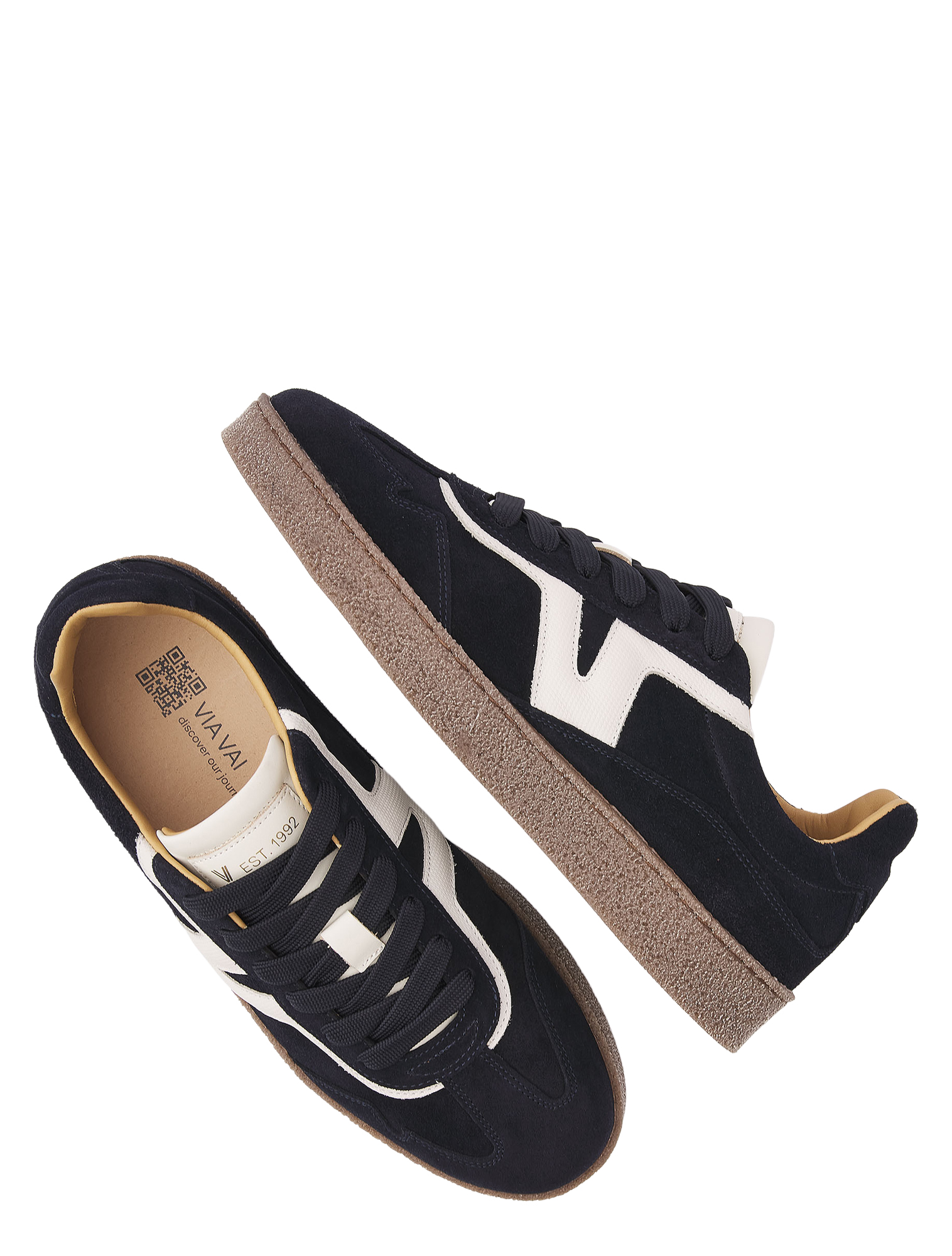 sneakers, donkerblauw, suède, witte band, gumzool