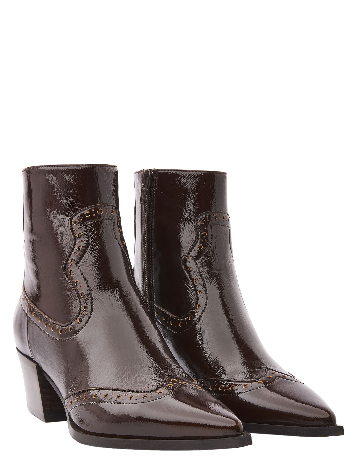inga boot, bruine lak, leren boots, hakblok, zwevende veter-ornament
