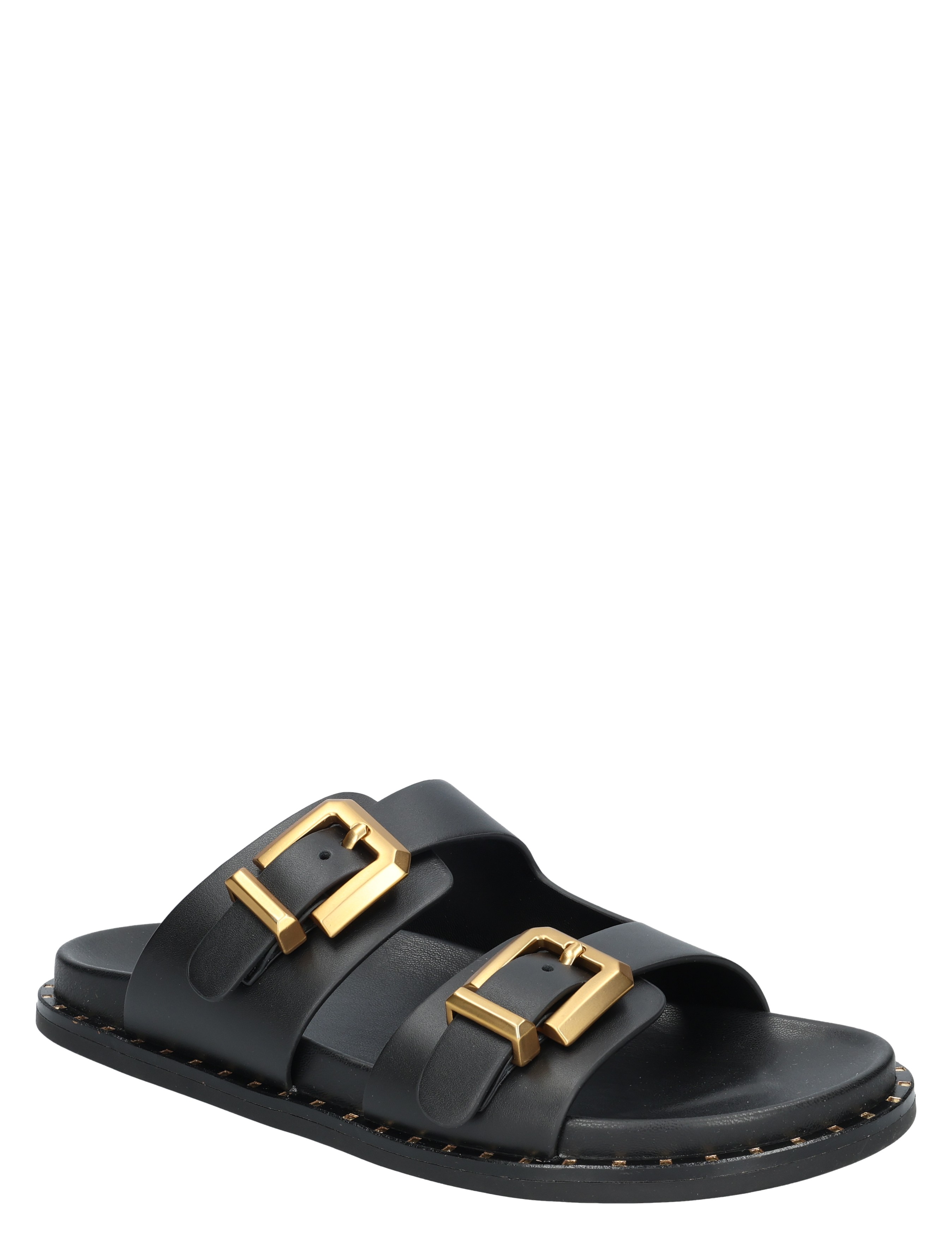 sandaal, dubbelriem, golden gesp, leren, zwarte