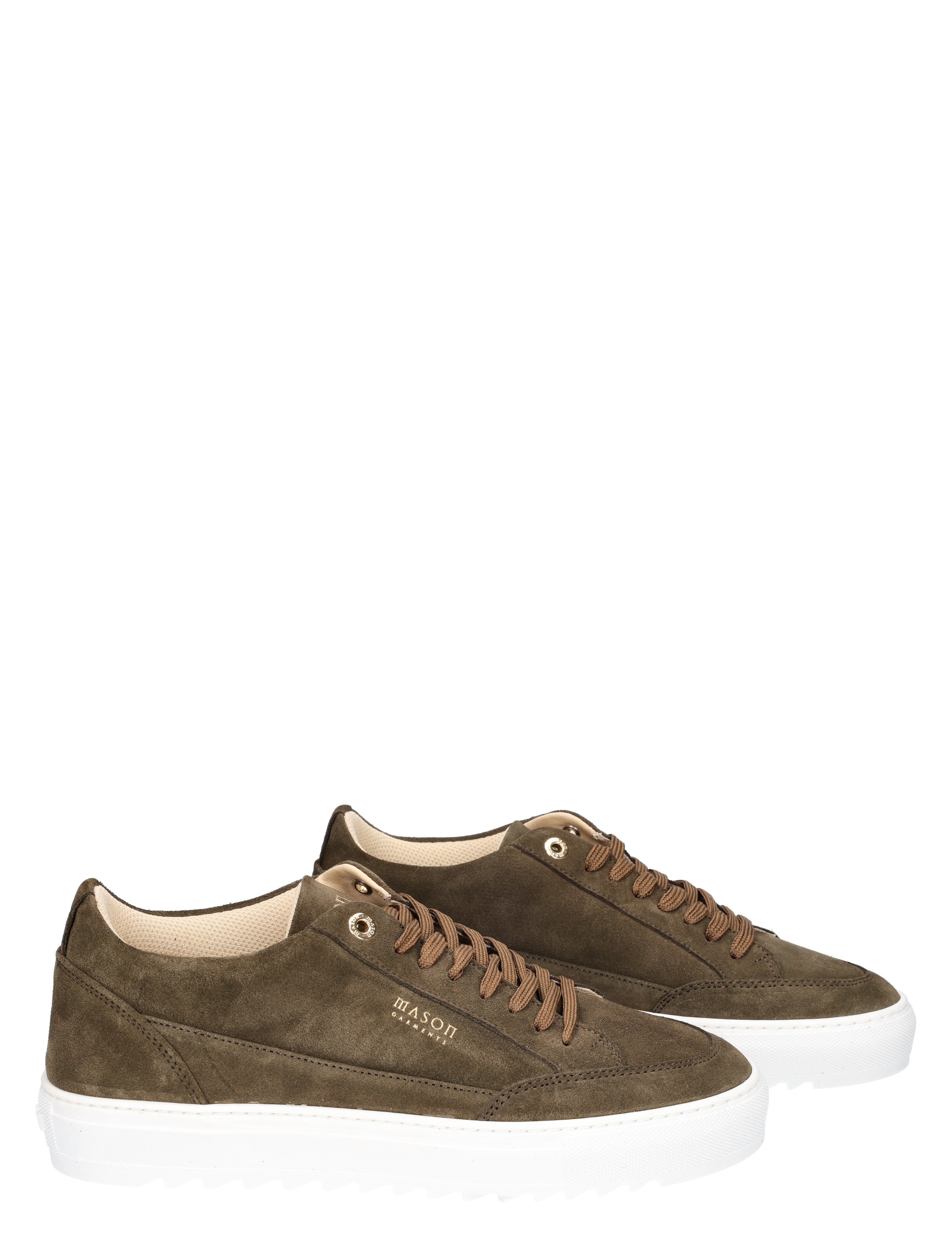 sneaker, bruine, suede, witte zool, lows