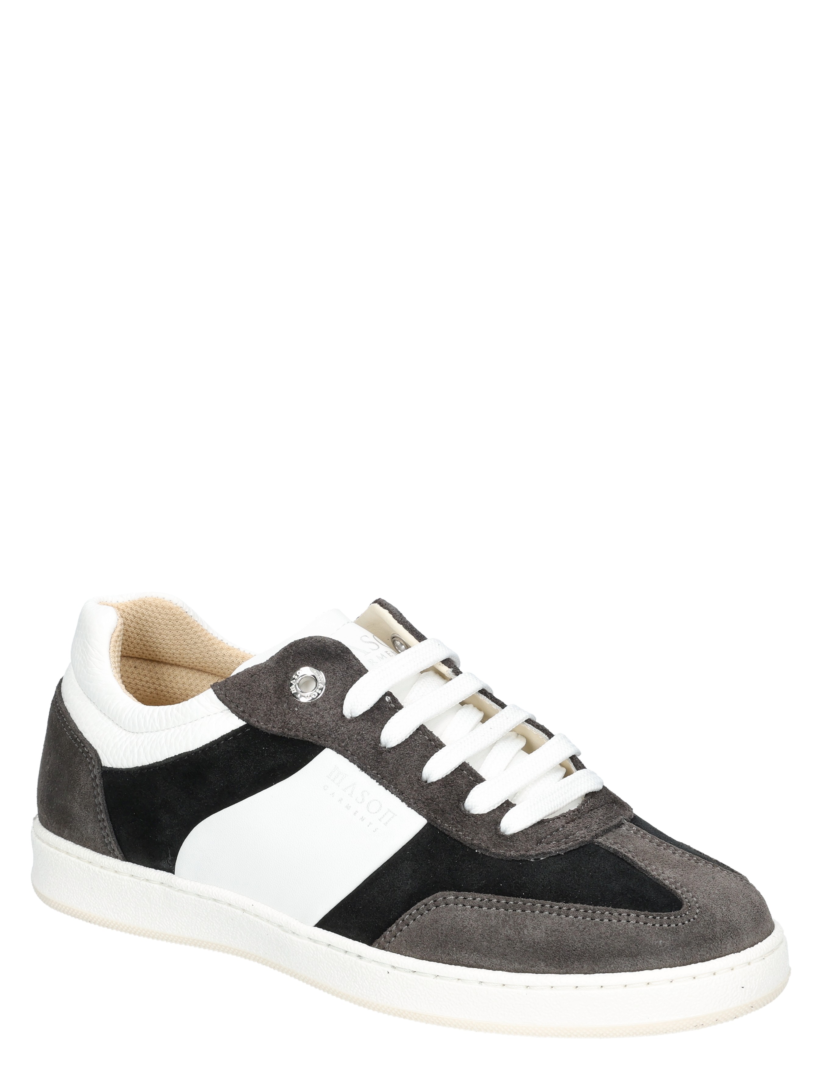 sneaker, schoenen, casual, witte accent, grijs suède