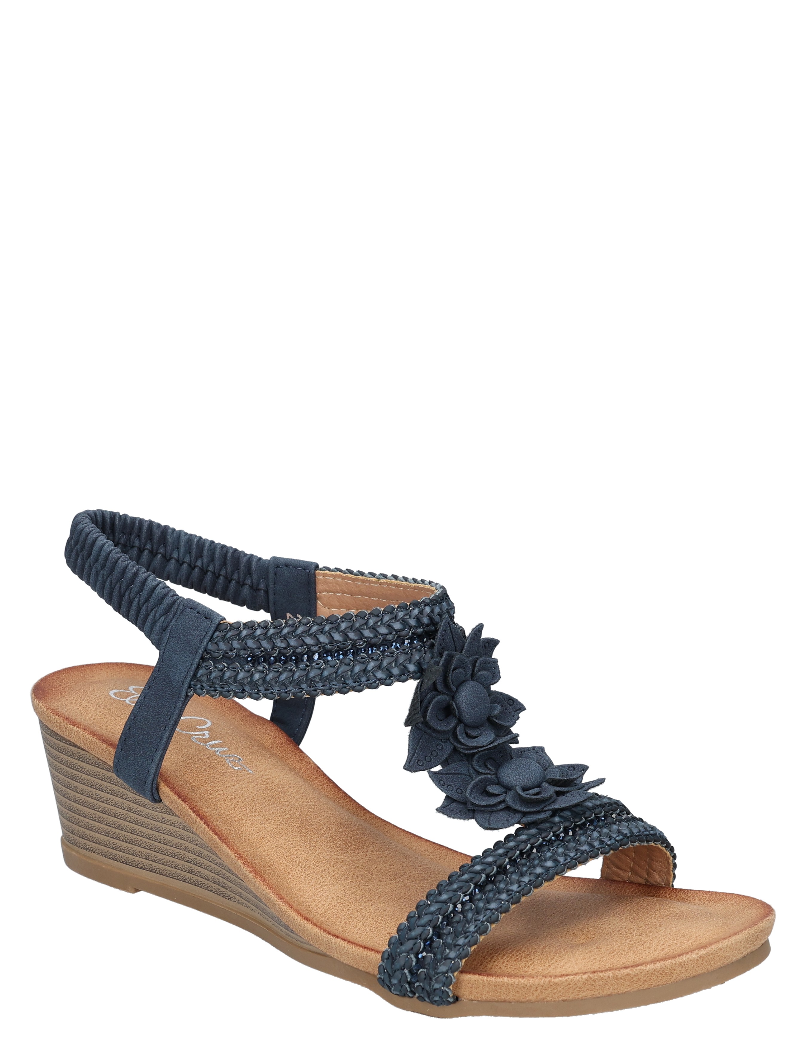 wedge, sandals, ankle strap, flowers, blue