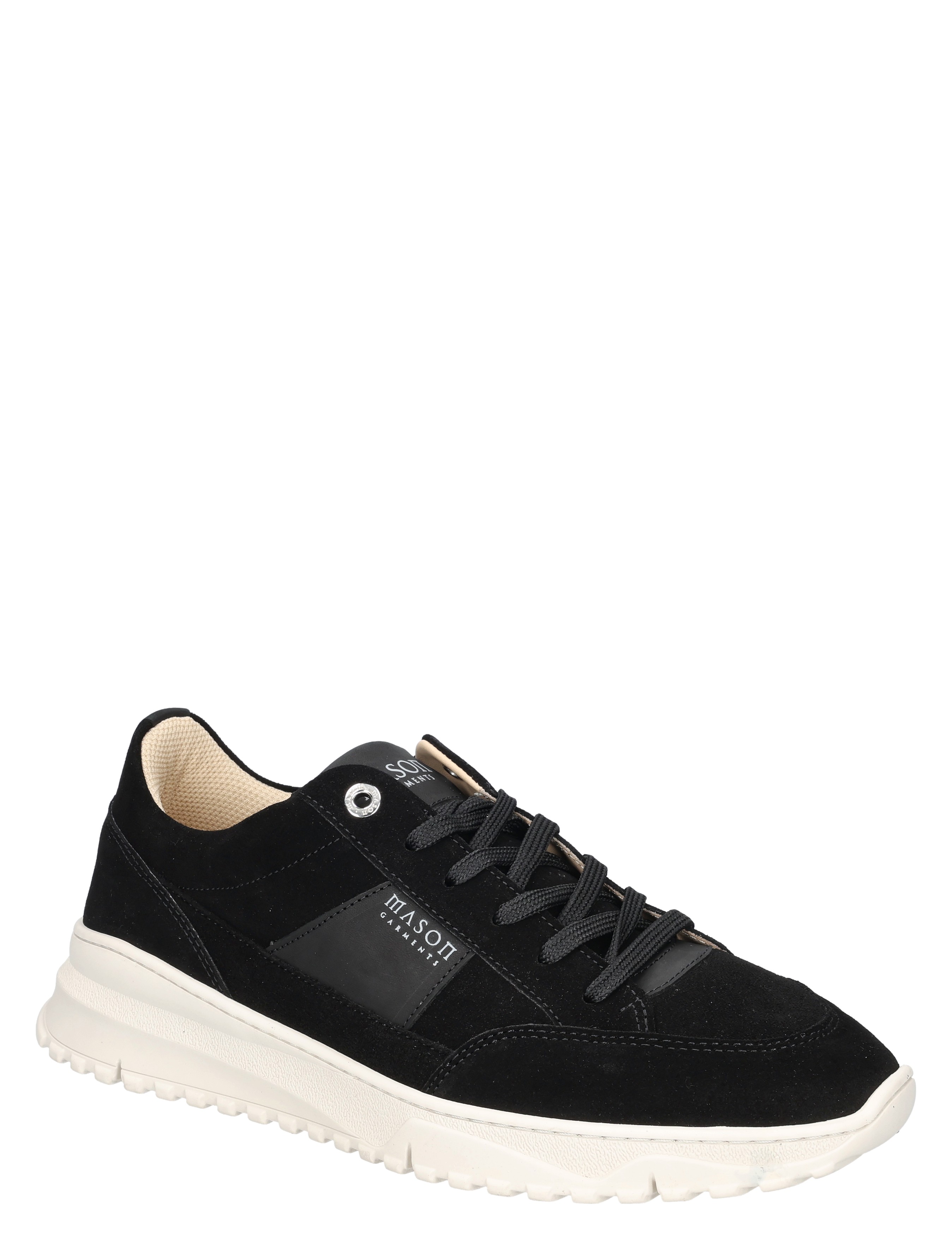 sneaker, zwart, suede, veters, witte zool