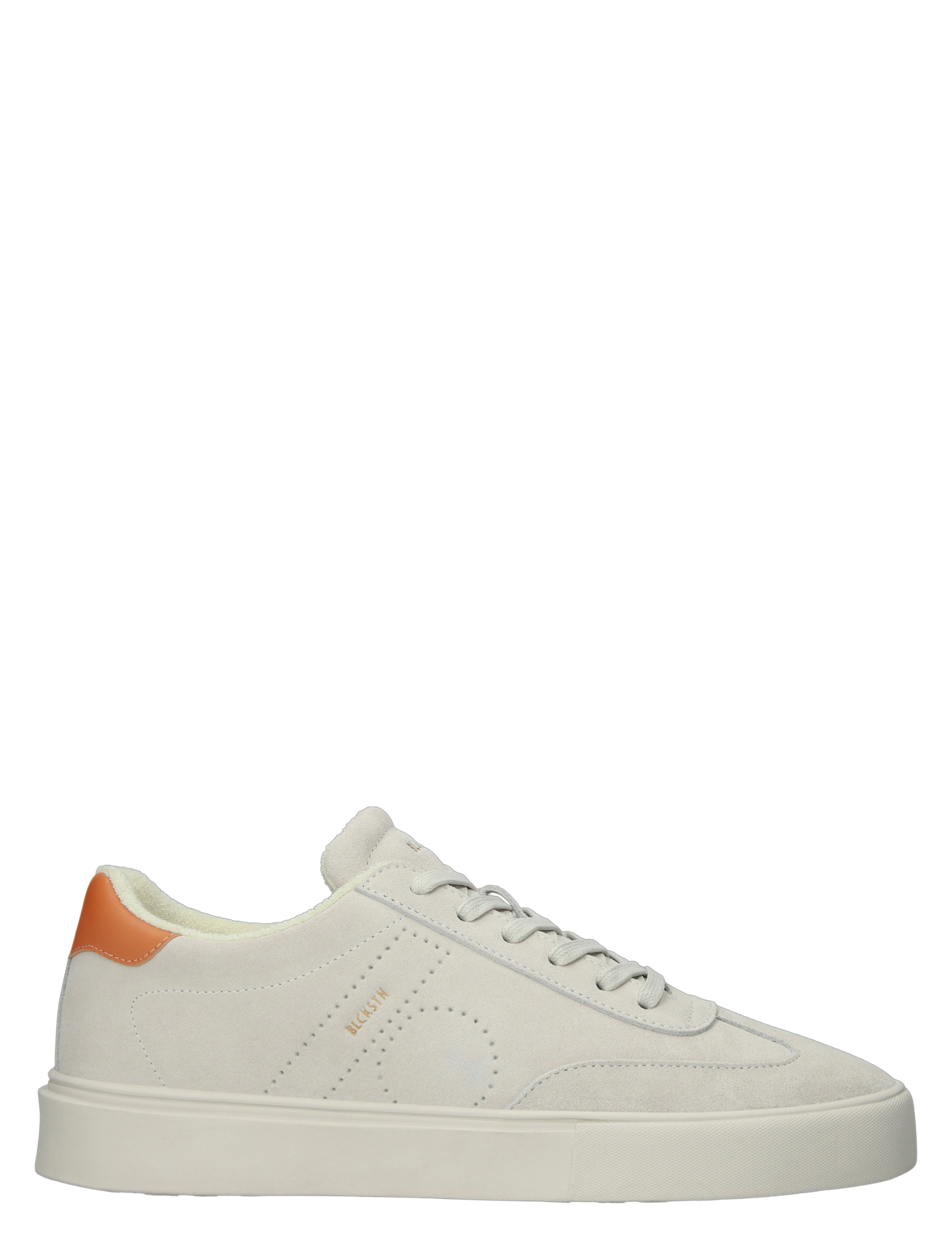 witte sneaker, casual schoen, lederlook, pearlized tong, oranje hakje