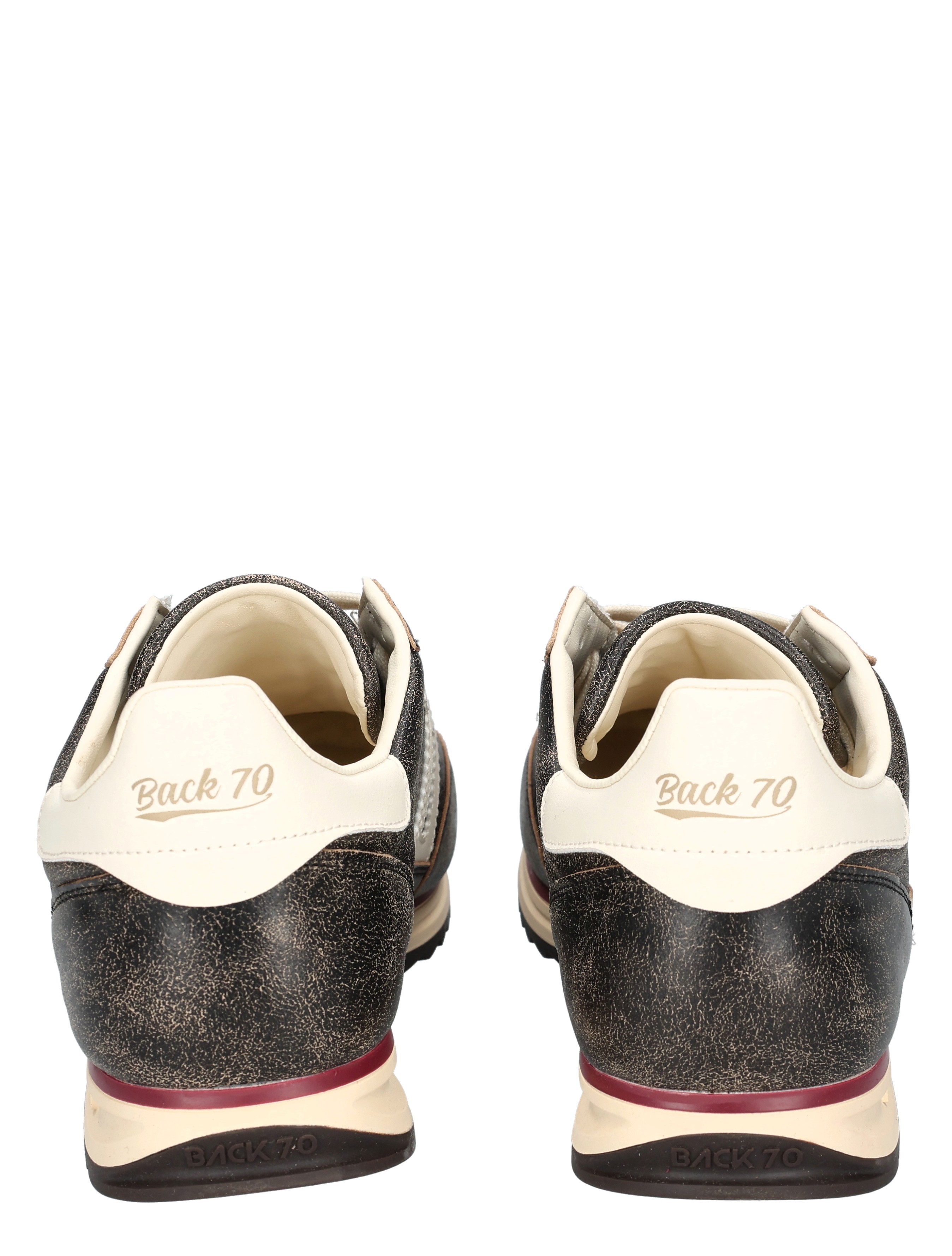 low-top sneakers, black white, mesh accents, crackled texture, Back70 label