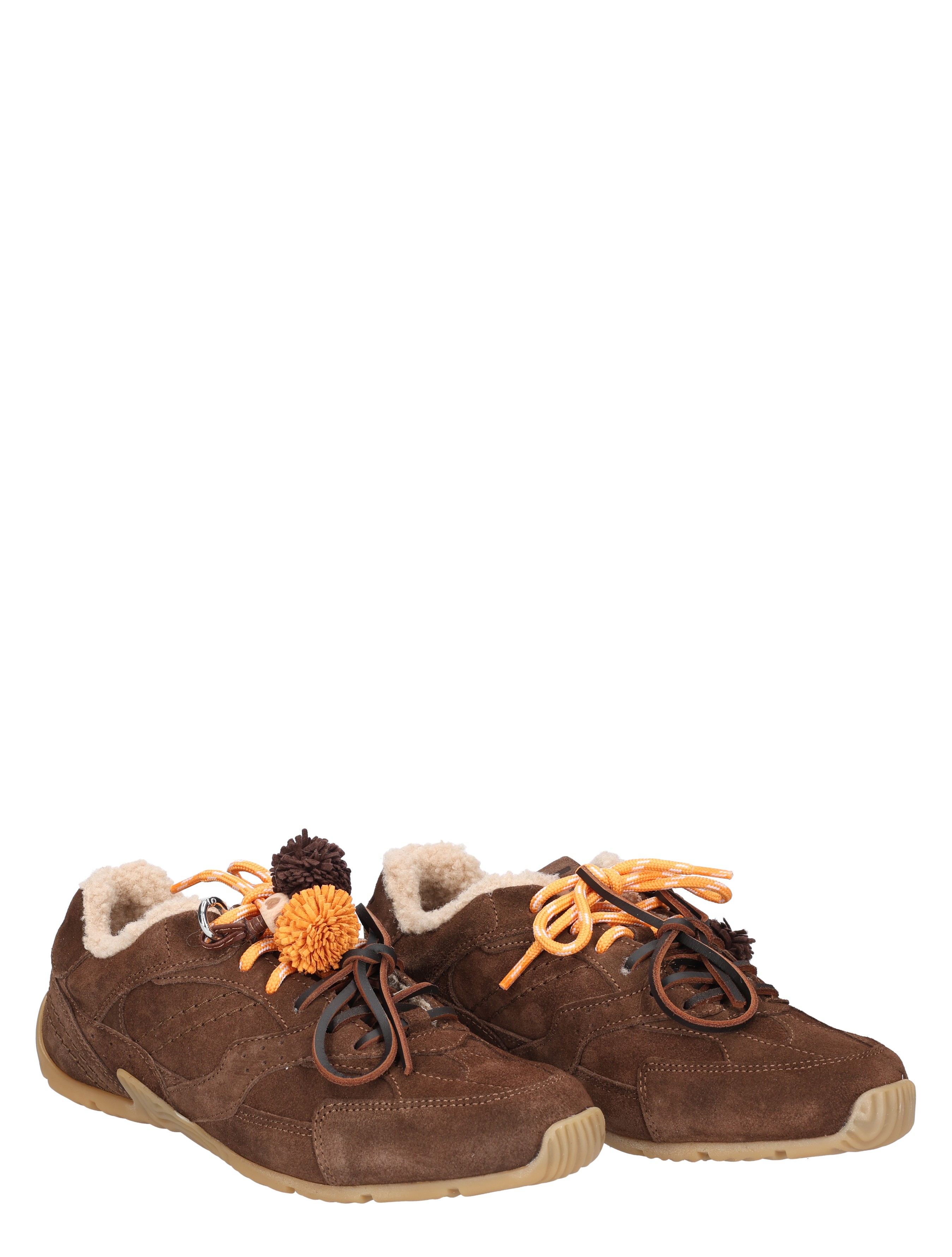 wandelschoen, suede, bruine schoen, voering(s) warm, vetersorange pomponen