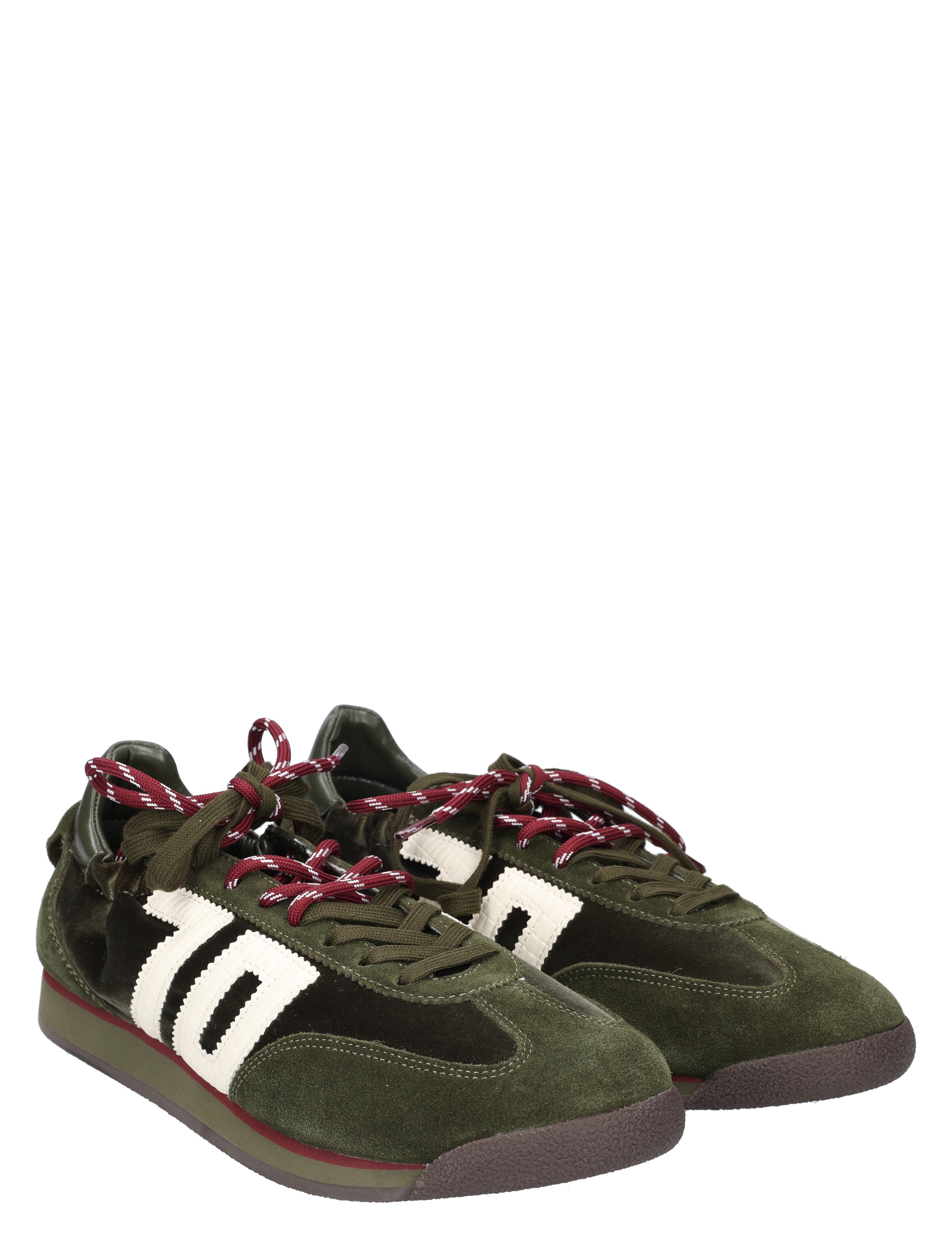 sneakers, groene schoenen, suede, witte panelen, gebreide veters