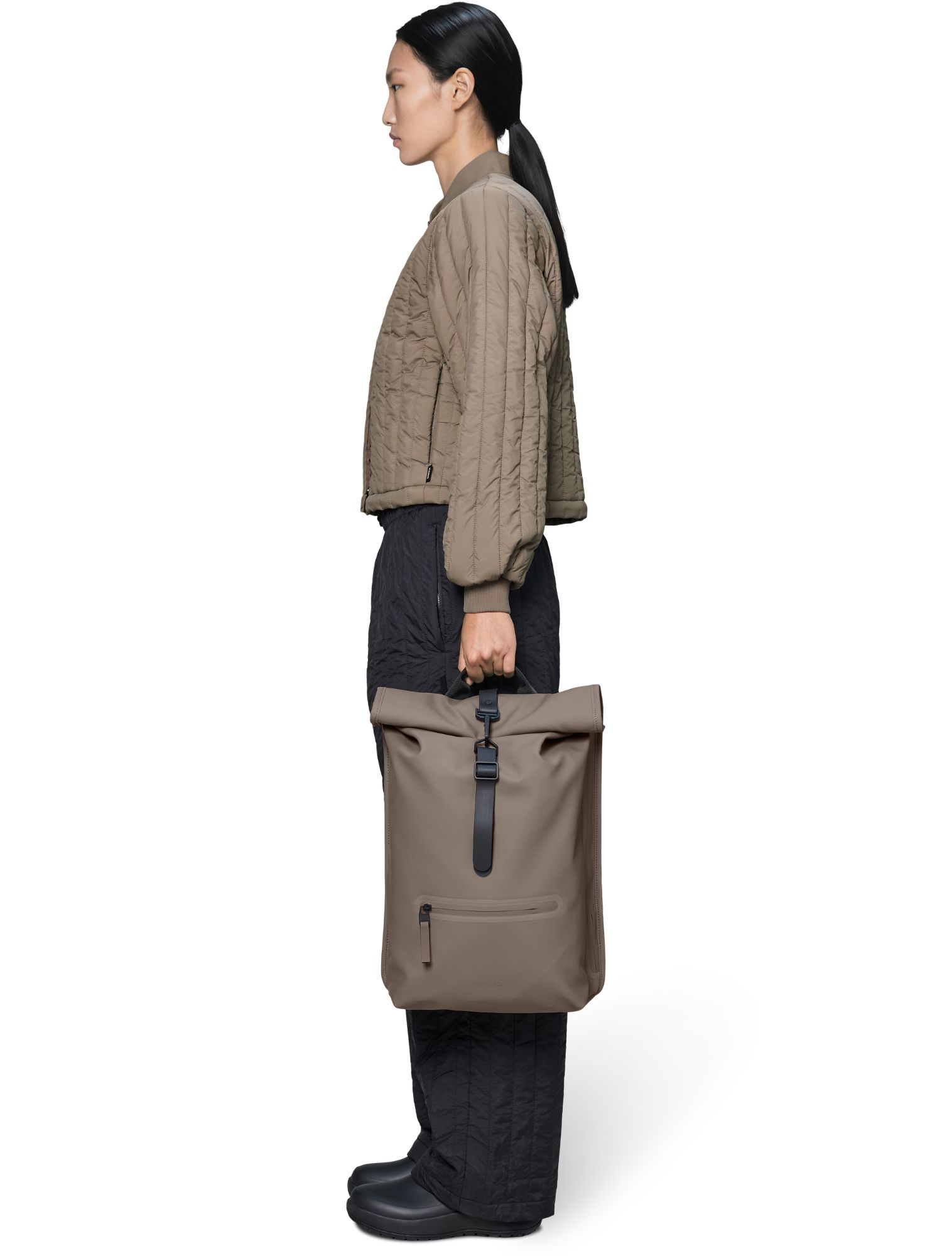 jacket, quilted, neutral, puffer, bag