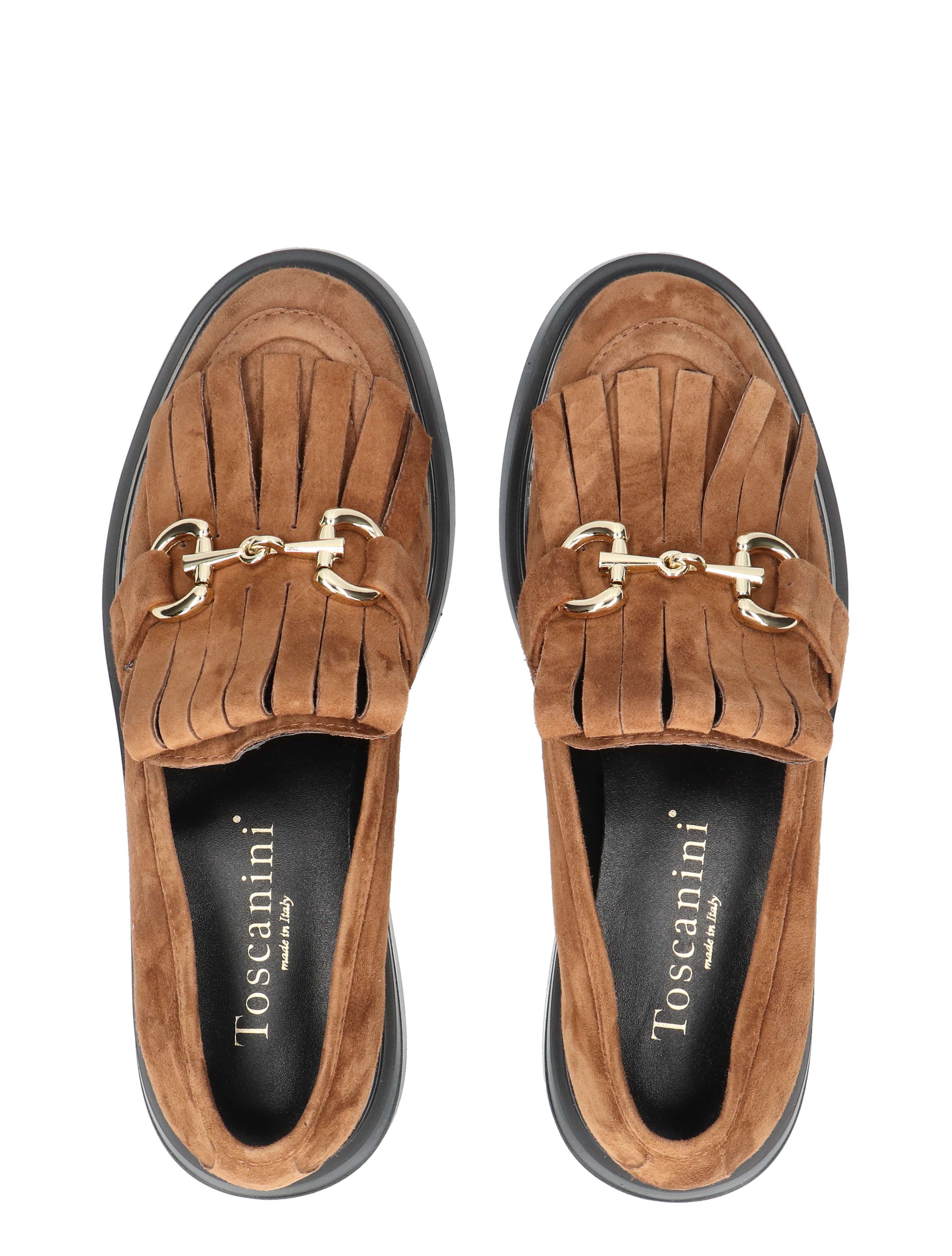 slipons, suede, bruin, franje, golden-tone hardware
