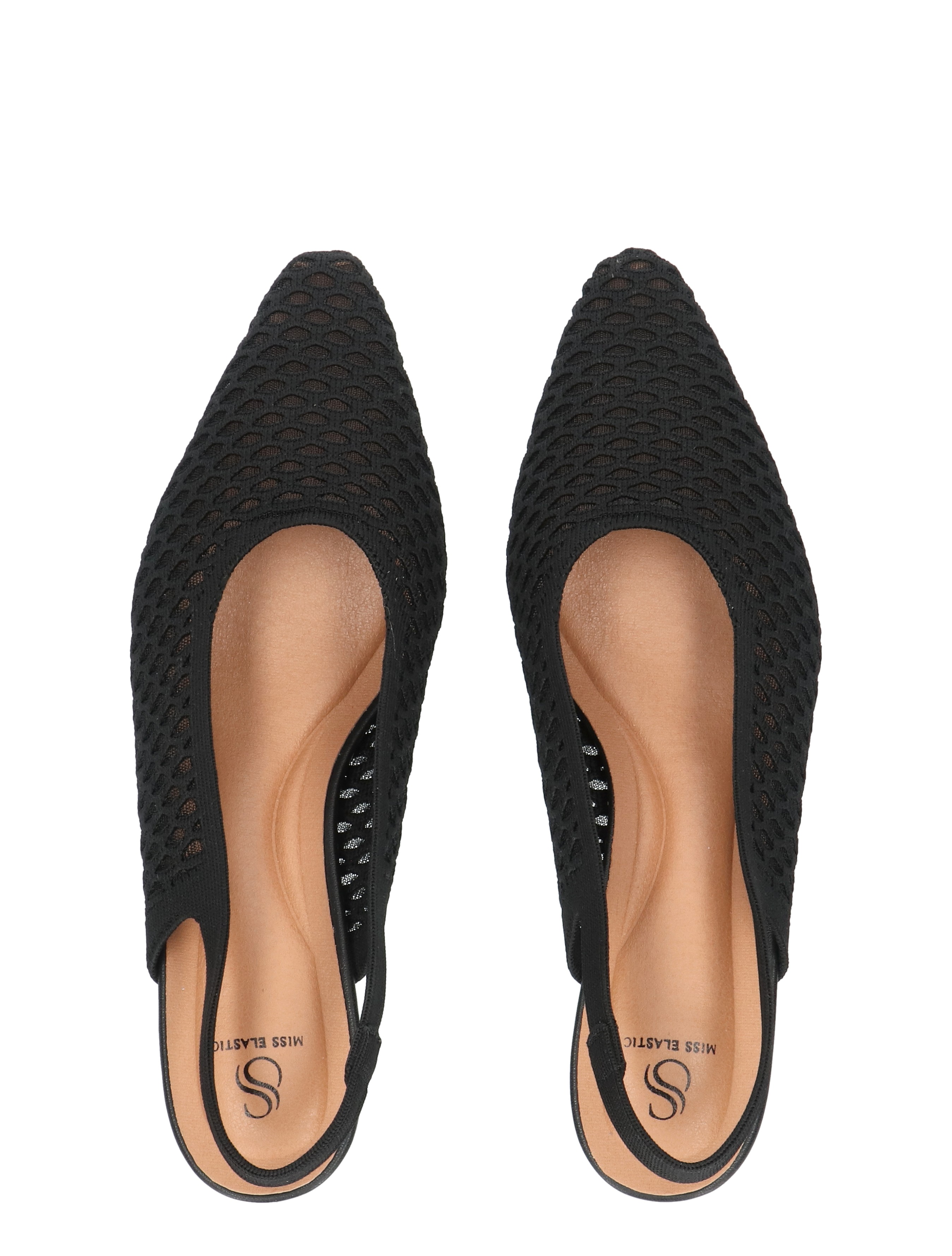 heels, black, open-weave, slip-on, pointed-toe