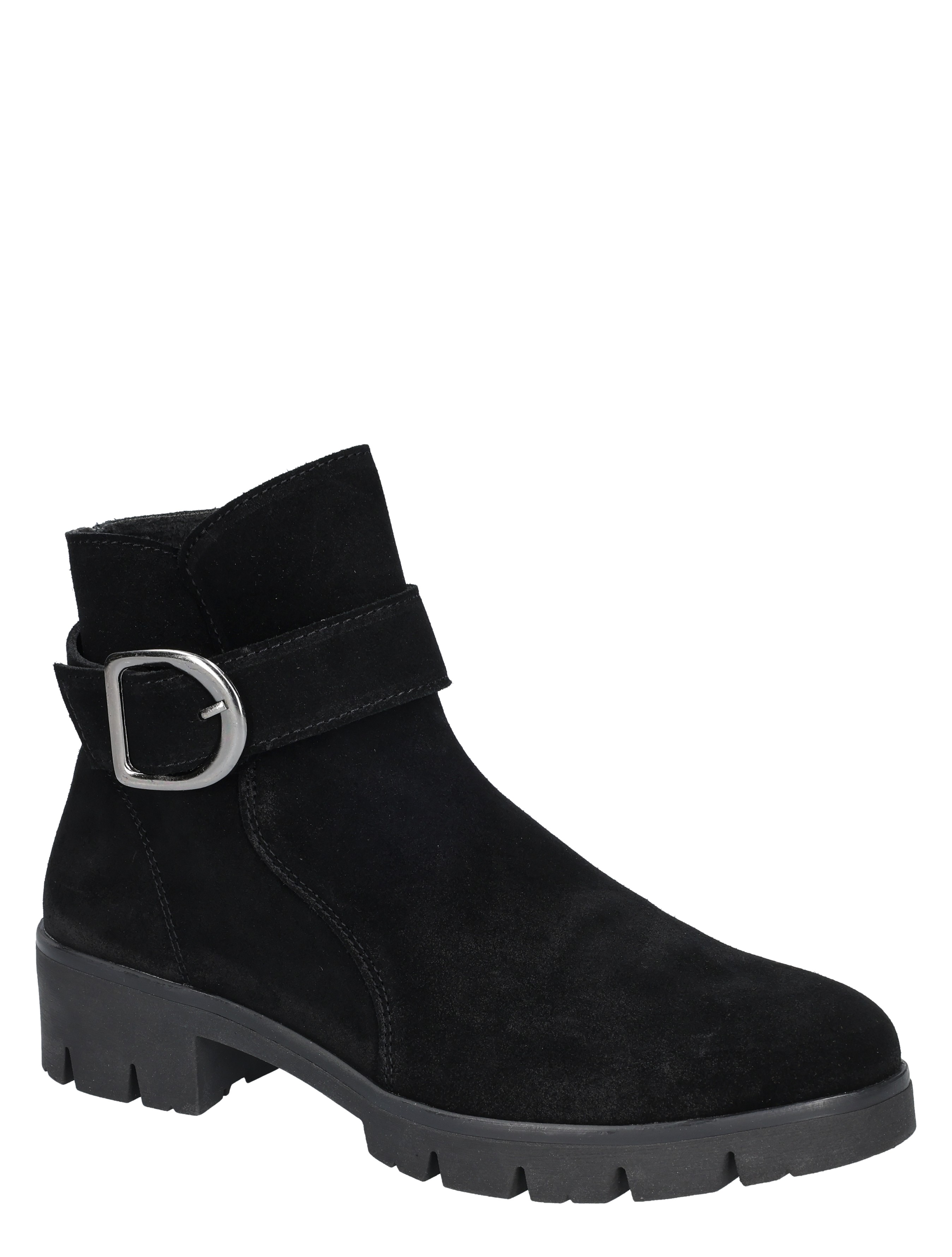 ankle boot, black suede, strap buckle, chunky sole, mid boot